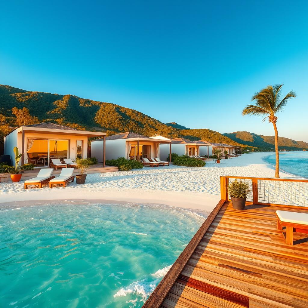 A picturesque beachfront accommodation scene overlooking a serene, turquoise sea. In the foreground, a charming wooden deck adorned with comfortable lounge chairs and potted tropical plants invites relaxation. The middle ground features modern, stylish beachfront cottages with large windows reflecting the sunlight, showcasing clean lines and a welcoming design. Soft, white sand leads to gentle waves lapping at the shore, adding a tranquil touch to the setting. In the background, lush green hills rise gently against a clear blue sky, creating an idyllic atmosphere. The warm golden hour light bathes the scene, enhancing the inviting mood and accentuating the vibrant colors of the landscape. Capture this beautiful view with a wide-angle perspective to emphasize both the accommodations and the stunning waterfront.