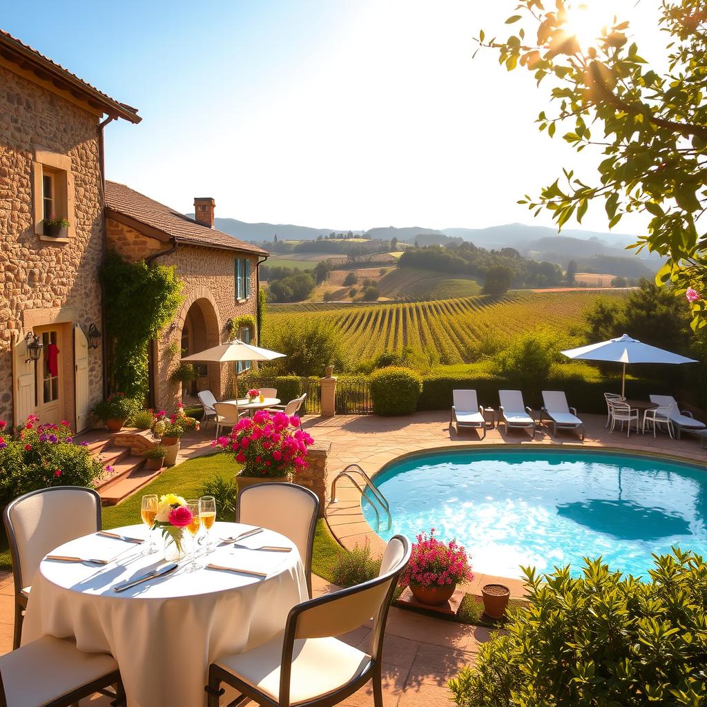 A picturesque boutique resort in France, showcasing charming architecture with rustic stone walls and vibrant flower gardens, nestled amidst lush greenery. In the foreground, a beautifully set outdoor dining area with elegant tables draped in white linens, adorned with delicate centerpieces of fresh flowers. In the middle ground, a refreshing pool glistening in the sunlight, surrounded by comfortable lounge chairs and umbrellas offering shade. The background features rolling hills and the soft outlines of vineyards under a clear blue sky, creating a serene atmosphere. Warm, golden light spills across the scene, evoking a cozy, inviting mood. The image captures the essence of relaxation and charm, providing an enticing glimpse into the experience of travelers.