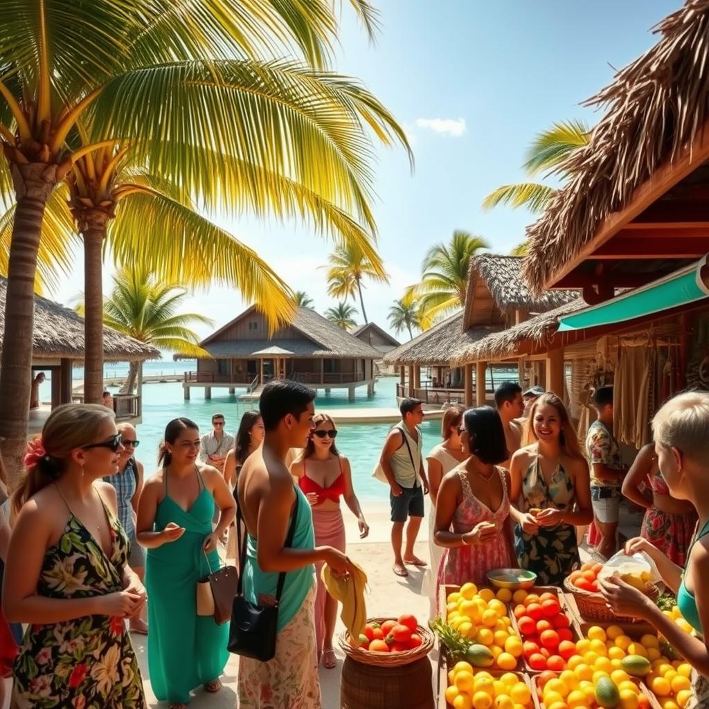 A picturesque luxury island retreat, featuring a vibrant marketplace with local artisans showcasing handcrafted goods. In the foreground, elegantly dressed tourists engage with friendly vendors, sampling tropical fruits. The middle ground includes lush palm trees framing a serene turquoise lagoon, with traditional thatched-roof huts in the background. Bright sunshine bathes the scene in warm, golden light, enhancing the island's natural beauty. Capture the moment at a slight angle, emphasizing the inviting atmosphere and sense of community. The overall mood is vibrant and welcoming, evoking a unique blend of culture and relaxation that invites travelers to immerse themselves in the local experience.