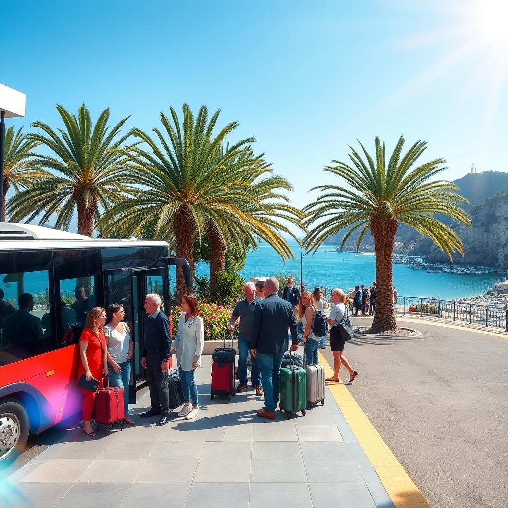 A picturesque scene showcasing the Côte d'Azur, focusing on a modern bus station with sleek, stylish buses ready for travelers. In the foreground, a group of diverse passengers in smart casual clothing are boarding a bus, their luggage at their side. In the middle ground, the bus is surrounded by lush palm trees and vibrant flowers typical of the Mediterranean, with clear blue skies overhead. In the background, the stunning coastline of Nice is visible, featuring azure waters and rocky cliffs. The lighting is bright and sunny, capturing the warmth of a beautiful day, with a slight lens flare for a dreamy effect. The overall mood is vibrant and welcoming, encapsulating the joy of travel along this famous route.