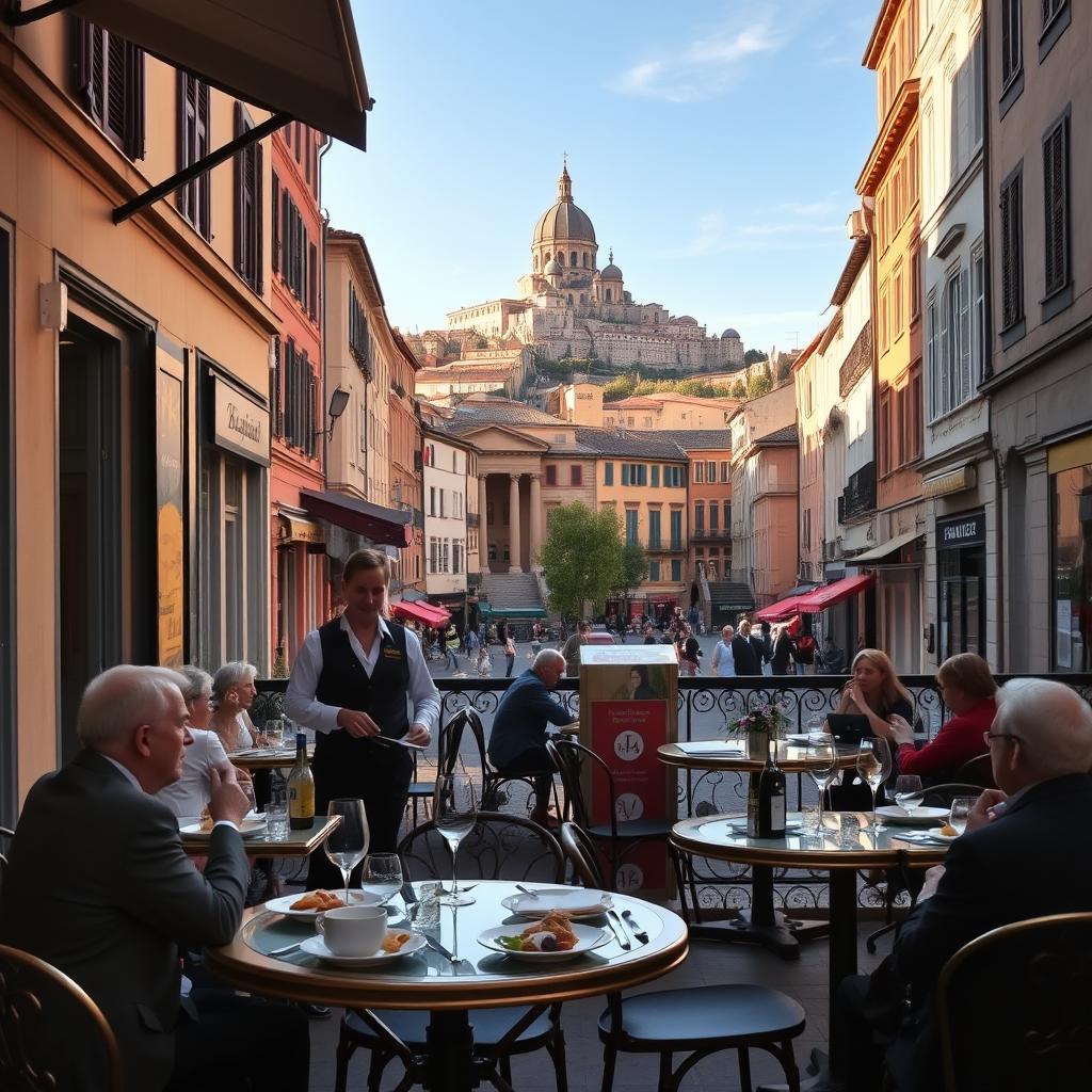 A picturesque view of Lyon, France, showcasing its rich gastronomy and cultural heritage. In the foreground, a traditional outdoor café with elegant bistro tables, where patrons enjoy gourmet dishes, while a server in professional attire brings a selection of fine wines. The middle ground features the vibrant, historic architecture of Vieux Lyon, with colorful buildings and charming narrow streets. The backdrop reveals the stunning Fourvière Basilica perched on a hill, bathed in warm golden light of the late afternoon sun. Soft, inviting shadows create a cozy atmosphere, inviting the viewer to experience the city’s culinary delights and rich culture. The scene captures the essence of Lyon, emphasizing its charm and elegance, inviting exploration and indulgence.