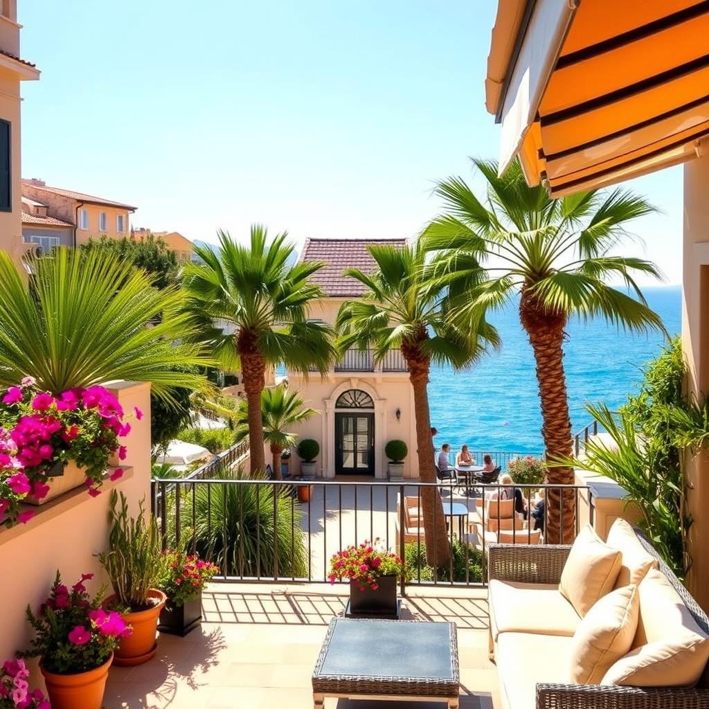 A picturesque view of accommodations in Nice, Côte d'Azur, featuring a charming hotel with Mediterranean architecture. In the foreground, a cozy terrace adorned with vibrant flowers and comfortable seating invites visitors to relax. The middle ground showcases an elegant hotel entrance, surrounded by lush green palm trees, adding to the inviting atmosphere. In the background, the iconic blue waters of the Mediterranean Sea shimmer under a clear sky, framed by the picturesque coastline. Golden sunlight casts a warm glow on the scene, enhancing the overall feeling of tranquility and leisure. The image captures a serene and inviting mood, perfect for showcasing the charm of Nice's accommodations.