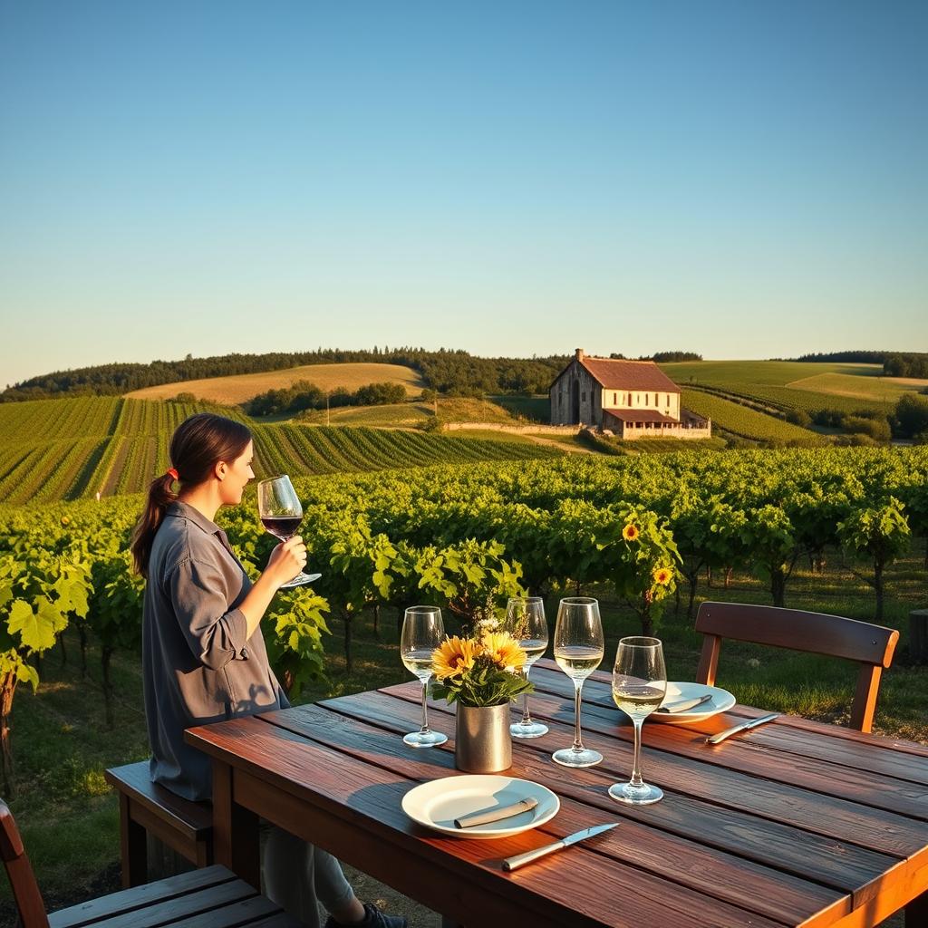 A picturesque vineyard escape in France, showcasing lush green grapevines stretching across gently rolling hills under a clear blue sky. In the foreground, a beautifully set wooden table with luxurious tableware and elegant wine glasses, hinting at an exquisite wine tasting event. A couple in modest casual clothing, savoring wine and engaging in conversation, adds warmth and life to the scene. The middle ground features rows of grapevines laden with ripe grapes, and a rustic stone barn in the distance, surrounded by sunflowers swaying gently in the breeze. The lighting is soft, as if during the golden hour, creating a warm, inviting atmosphere. The focus is on the harmonious blend of nature and luxury, capturing the essence of charming vineyard escapades without distractions.