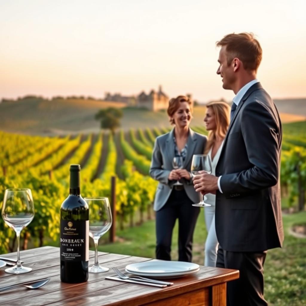 A picturesque vineyard in Bordeaux during golden hour, showcasing lush green grapevines stretching across rolling hills. In the foreground, a beautifully set wooden table adorned with elegant glassware and a bottle of fine Bordeaux wine, reflecting the warmth of the setting sun. In the middle ground, a wine expert, dressed in a tailored suit, engages in conversation with a couple enjoying their wine tasting experience, their expressions reflecting delight and sophistication. The background reveals a charming chateau surrounded by rows of grapevines, the sky painted in soft pastel hues, creating a serene and luxurious atmosphere. The scene is bathed in soft, natural lighting, captured from a slightly elevated angle to emphasize the beauty of the vineyard and the elegance of the wine experience.