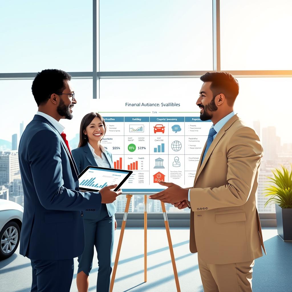 A professional and vibrant illustration of financial aid available for automotive subsidies. In the foreground, depict a diverse group of three individuals in business attire engaging in a discussion, with one person holding a tablet showing financial graphs. The middle ground should feature a presentation board displaying key figures and icons representing various subsidies. In the background, a modern office setting with large windows showcasing a cityscape under bright natural lighting. Use a wide-angle lens perspective to add depth to the scene. The mood should be optimistic and encouraging, reflecting professionalism and collaboration among stakeholders in the automotive sector.