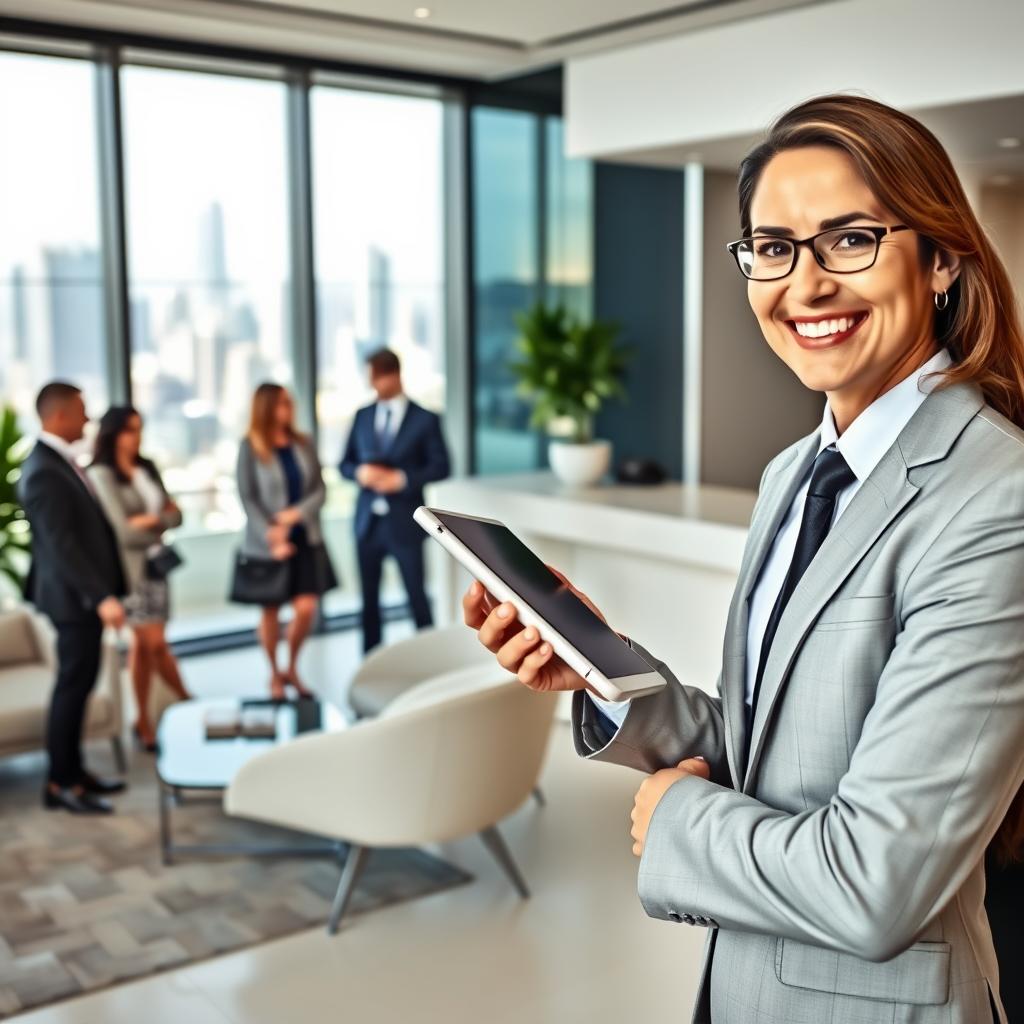 A professional concierge personnel in a modern office environment, displaying a warm and inviting demeanor. In the foreground, the concierge, a well-dressed individual in a tailored suit, is assisting a group of diverse business clients, showcasing a tablet and discussing personalized services. In the middle ground, sleek office furnishings and a stylish reception desk provide a sophisticated backdrop, with soft lighting that highlights the professionalism of the environment. In the background, large windows reveal a bustling cityscape, symbolizing connectivity and efficiency. The atmosphere is collaborative and dynamic, conveying a sense of luxury and tailored service, with a focus on professionalism and attention to detail. Natural daylight pours in, enhancing the modern aesthetic while creating an uplifting mood.