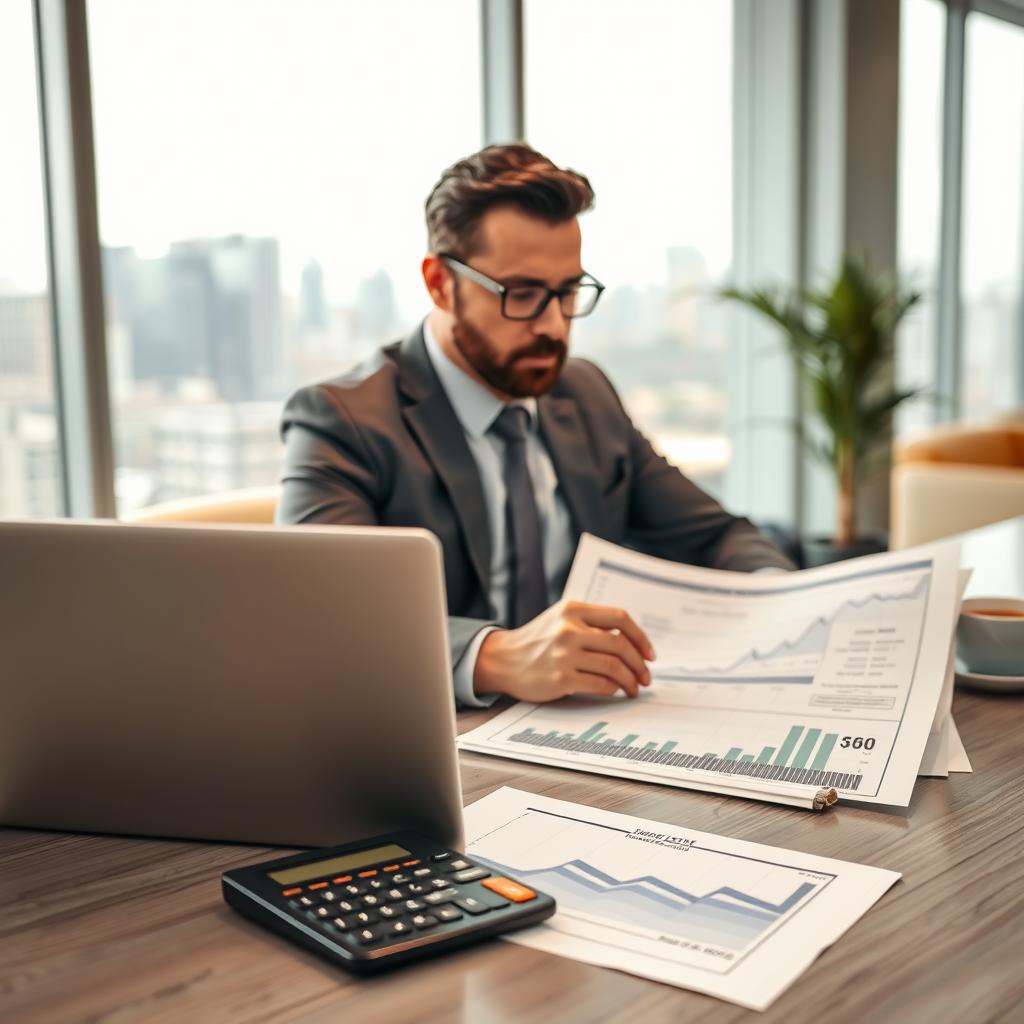A professional financial advisor sitting at a modern office desk, reviewing a detailed real estate financing plan on a sleek laptop. In the foreground, a financial graph and calculator are placed prominently, emphasizing the optimization aspect. The middle ground features the advisor, dressed in a sharp business suit, deeply focused, with documents and a cup of coffee nearby. The background shows a bright, airy office space with large windows letting in natural light, city skyline visible outside. Use soft, warm lighting to create a welcoming atmosphere, with a slight depth of field to highlight the advisor’s concentration. The overall mood should inspire professionalism, expertise, and trustworthiness in financial planning. A professional financial advisor sitting at a modern office desk, reviewing a detailed real estate financing plan on a sleek laptop. In the foreground, a financial graph and calculator are placed prominently, emphasizing the optimization aspect. The middle ground features the advisor, dressed in a sharp business suit, deeply focused, with documents and a cup of coffee nearby. The background shows a bright, airy office space with large windows letting in natural light, city skyline visible outside. Use soft, warm lighting to create a welcoming atmosphere, with a slight depth of field to highlight the advisor’s concentration. The overall mood should inspire professionalism, expertise, and trustworthiness in financial planning.
