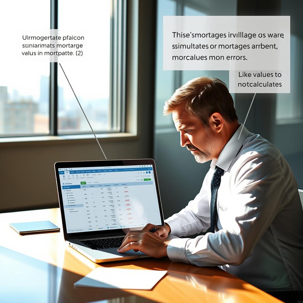 A professional office setting featuring a modern desk with a laptop displaying a mortgage simulation tool. In the foreground, a focused middle-aged man in business attire examines the screen with a discerning expression, while in the background, a large window reveals a cityscape view. Sunlight filters through the glass, casting soft shadows on the desk, creating a warm and productive atmosphere. On the wall, subtle visual indicators of common errors in mortgage simulations are illustrated, like incorrect values and miscalculations, visually integrated into the environment while maintaining a clean and professional look. The overall mood should be one of concentration, emphasizing the importance of accuracy in financial decisions.
