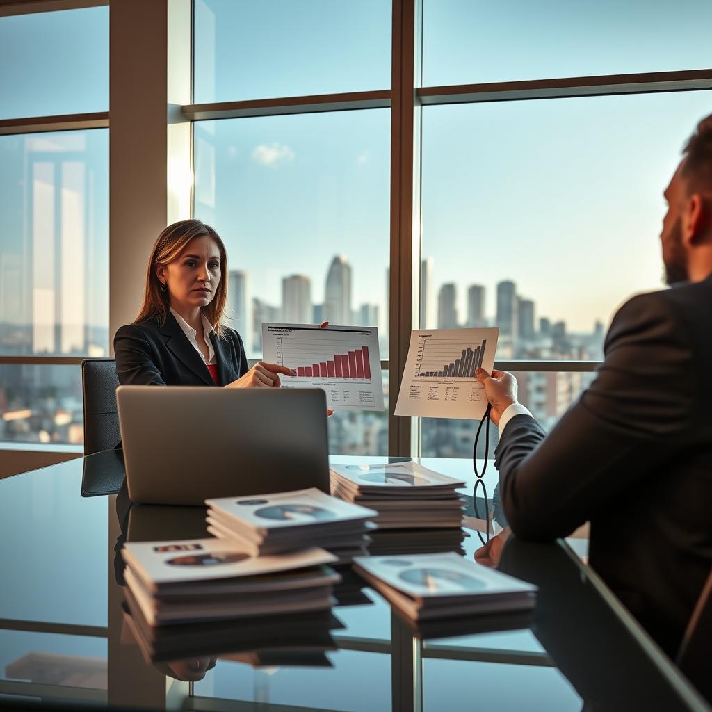 A professional office setting focused on automotive finance. In the foreground, a well-dressed businesswoman, wearing a tailored suit, is engaged in conversation with a client across a sleek glass desk. The woman is pointing at an open laptop displaying detailed financial graphs related to auto financing. In the middle, there are stacks of automotive brochures and payment plan documents neatly arranged. The background features large windows allowing natural light to pour in, casting a warm glow over the scene. A modern city skyline is visible through the windows, enhancing the atmosphere of professionalism and urgency. The mood is serious yet approachable, emphasizing clarity and trust in automotive financing solutions. The angle is slightly elevated, capturing both subjects and the office layout effectively.
