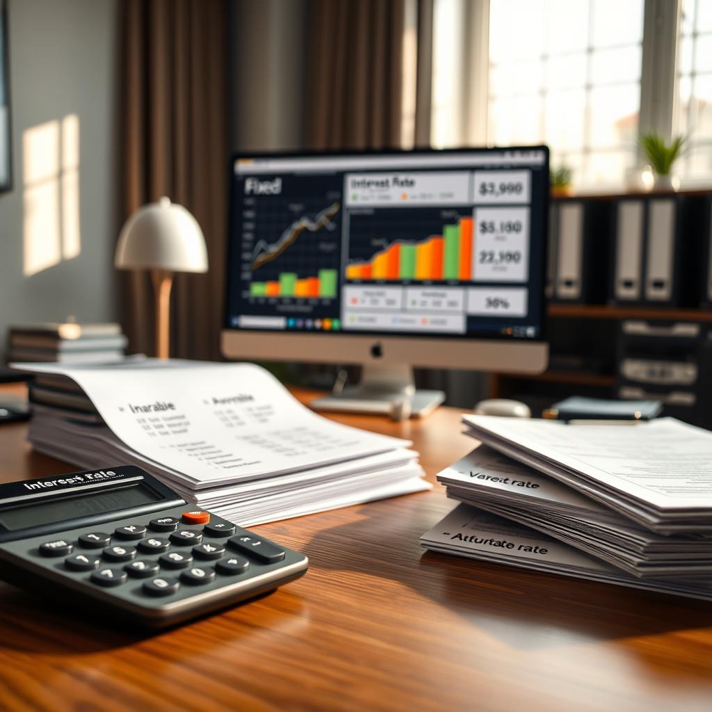 A professional office setting showcasing various types of interest rates. In the foreground, a stylish wooden desk with a sleek financial calculator displaying numbers. To the side, a stack of documents labeled with different interest rate types, such as fixed, variable, and adjustable. In the middle ground, a modern computer screen displaying graphs and charts related to mortgage calculations, emphasizing financial concepts. The background features a window with soft natural light pouring in, casting gentle shadows and illuminating the scene. The mood is focused and analytical, suitable for financial discussions, with a color palette of warm browns and greens. Shot with a 35mm lens for depth, capturing both clarity in detail and a professional atmosphere.