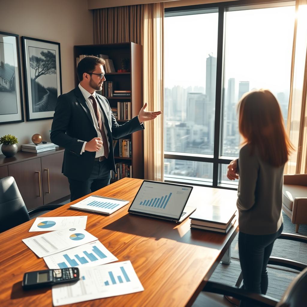 A professional real estate agent in a smart suit stands confidently in an elegant office, engaging in a discussion with a client about property valuation. The foreground features a stylish wooden desk adorned with property documents, a laptop displaying graphs, and a calculator. In the middle, the agent gestures towards a large window revealing a picturesque city skyline, bathed in warm natural light, suggesting an optimistic atmosphere. The background includes contemporary art on the walls and a bookshelf filled with real estate literature, further emphasizing expertise and professionalism. The overall mood is focused and collaborative, reflecting the theme of property financing and valuation. A professional real estate agent in a smart suit stands confidently in an elegant office, engaging in a discussion with a client about property valuation. The foreground features a stylish wooden desk adorned with property documents, a laptop displaying graphs, and a calculator. In the middle, the agent gestures towards a large window revealing a picturesque city skyline, bathed in warm natural light, suggesting an optimistic atmosphere. The background includes contemporary art on the walls and a bookshelf filled with real estate literature, further emphasizing expertise and professionalism. The overall mood is focused and collaborative, reflecting the theme of property financing and valuation.