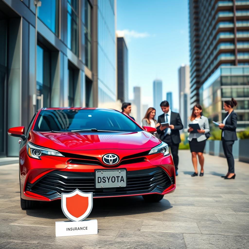A professional scene featuring a Toyota car parked outside a modern office building, emphasizing the theme of automobile insurance and financing. In the foreground, label the car with discreet symbols representing insurance and financial security, such as a shield and checkmark. In the middle ground, depict a diverse group of business professionals, dressed in smart business attire, discussing the financing options with tablet devices in hand. The background shows a bustling cityscape with clear blue skies, symbolizing progress and trust. Use bright, natural lighting to create a hopeful atmosphere, with a focus on capturing a sense of confidence and assurance in the automotive financing process, shot from a slightly elevated angle to provide depth.