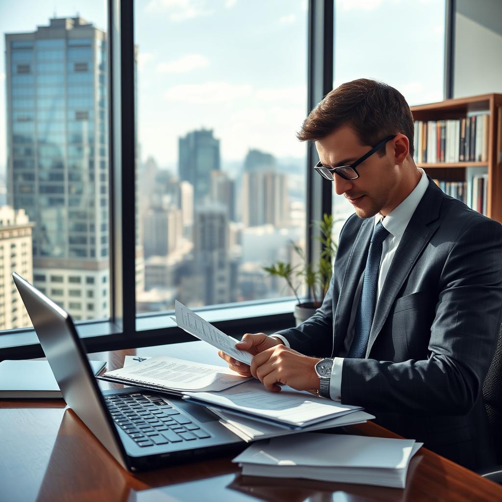A professional setting showcasing a person calculating real estate financing in an office environment. In the foreground, a focused individual in smart business attire, surrounded by papers, a calculator, and a laptop, is deeply engaged in financial calculations. In the middle ground, a large window reveals a cityscape with modern buildings, reflecting a bright and clear day. The background features a bookshelf filled with finance and real estate books, creating an atmosphere of expertise. Soft, natural light filters through the window, casting gentle shadows and enhancing the professional mood. The scene should evoke a sense of diligence and clarity, ideal for understanding common mistakes in real estate financing.