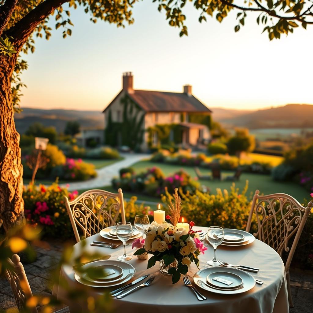 A romantic getaway scene set in a luxurious French countryside villa, bathed in warm golden light during the golden hour. In the foreground, a cozy outdoor dining setup features an elegantly set table adorned with fine china, delicate flowers, and flickering candles. The middle ground showcases a charming stone villa surrounded by lush greenery and vibrant blooming flowers, evoking a sense of tranquility. In the background, rolling hills and fields extend into the distance under a soft pastel sky. The atmosphere is filled with a sense of intimacy and adventure, capturing the essence of a dreamy escape for lovers, emphasizing romance and serenity. Shot at eye level with a shallow depth of field for a soft, inviting focus.