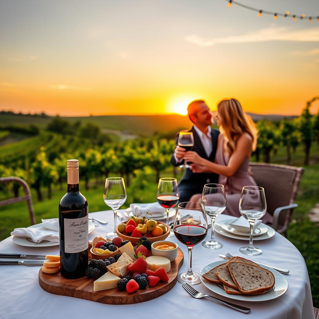 A romantic outdoor dining setup for a luxury honeymoon, featuring a beautifully set table with fine china, crystal glasses, and gourmet dishes, located in a lush vineyard landscape in France. The foreground showcases a bottle of exquisite red wine and a charcuterie board filled with artisanal cheeses, fresh fruits, and gourmet bread. In the middle, a couple, dressed in elegant yet relaxed attire, shares a toast, radiating joy and intimacy. The background reveals rolling hills dotted with grapevines under a warm golden sunset, casting a soft glow on the scene. The atmosphere is serene and enchanting, with delicate fairy lights strung above, creating a magical ambiance. The image captures the essence of romance and culinary luxury.