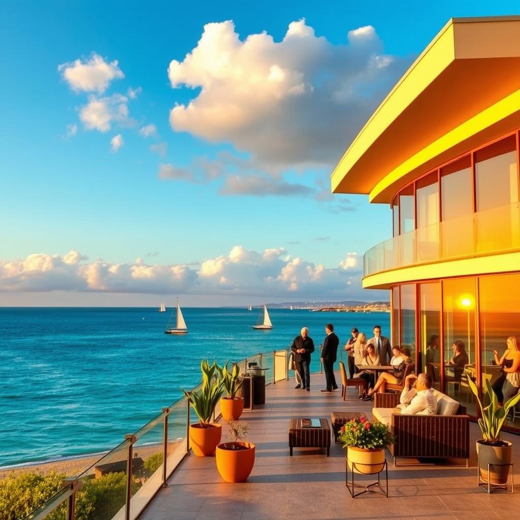 A scenic beachfront accommodation overlooking a serene azure sea during golden hour. In the foreground, a beautifully arranged terrace features elegant outdoor furniture, potted plants, and a cozy seating area, inviting relaxation. The middle ground showcases a modern, stylish building with large glass windows that reflect the vibrant sunset hues. Fluffy clouds create a picturesque backdrop, while people in casual yet smart clothing enjoy the view, adding a sense of warmth and community. The distant horizon is dotted with sailboats, enhancing the tranquil atmosphere. The scene is bathed in soft, warm lighting, creating a welcoming and serene mood, perfect for a getaway experience by the sea.