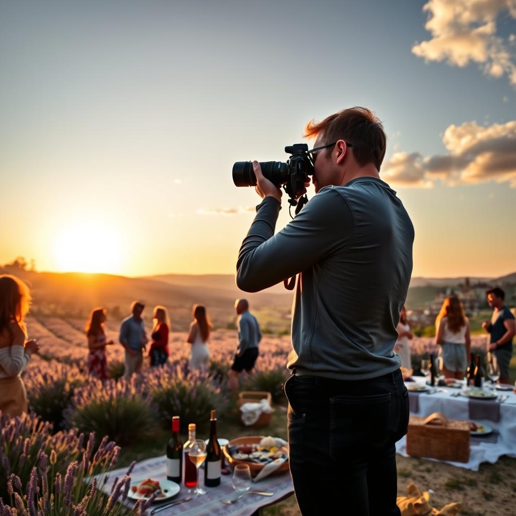 A scenic luxury photography tour in the French countryside, featuring a diverse group of travelers dressed in stylish casual attire, capturing breathtaking moments. In the foreground, a photographer adjusts his camera, framing the picturesque landscape of lavender fields under a golden sunset, with people laughing and sharing experiences nearby. The middle ground is dotted with elegant picnic setups, showcasing gourmet cuisine and vintage wine, inviting a sense of indulgence. In the background, quaint villages and rolling hills set a serene atmosphere, bathed in soft, warm lighting. The overall mood is that of adventure, camaraderie, and the joy of exploring beautiful places together, all harmonious with nature's elegance.