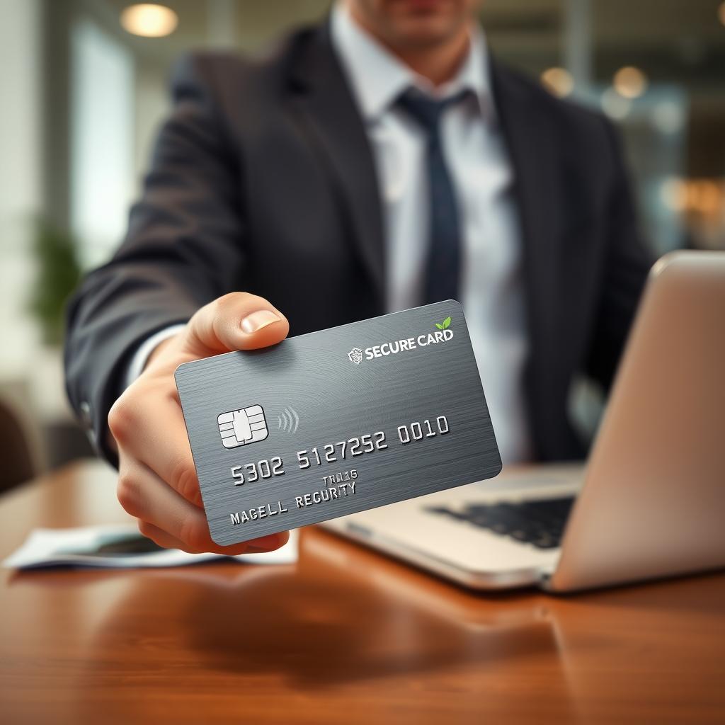 A secure prepaid credit card prominently displayed in the foreground, showcasing its sleek, modern design with a metallic finish and embedded security chip. The card should be angled slightly to highlight its features, with a blurred hand in professional business attire holding it gently, symbolizing trust and security. In the middle ground, a serene office environment with soft lighting creates a professional atmosphere, incorporating elements like a laptop and a security lock subtly integrated into the composition. The background should be softly focused, suggesting a well-organized workspace, emphasizing reliability and safety. The overall mood should convey a sense of security, professionalism, and innovation, with warm, inviting colors dominating the scene.