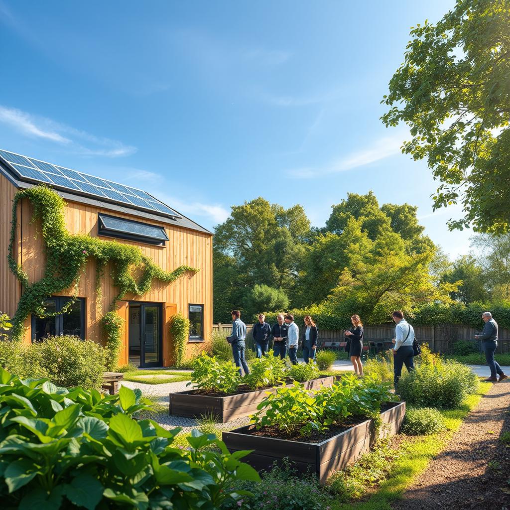 A serene and inspiring depiction of eco-friendly initiatives by Actes Sud, showcasing a vibrant, sustainable publishing house surrounded by lush greenery. In the foreground, a modern building made of natural materials with solar panels on the roof, adorned by climbing plants and flowers. In the middle ground, a small community garden with people, dressed in professional casual attire, engaged in planting and nurturing various plants, symbolizing collaboration and environmental stewardship. The background features a clear blue sky with soft, diffused sunlight filtering through trees, creating a warm, inviting atmosphere. The composition should evoke a sense of harmony between nature and publishing, emphasizing the commitment to ecological responsibility. The angle captures both the thriving garden and the architectural beauty of the building, ensuring a balanced and focused scene. A serene and inspiring depiction of eco-friendly initiatives by Actes Sud, showcasing a vibrant, sustainable publishing house surrounded by lush greenery. In the foreground, a modern building made of natural materials with solar panels on the roof, adorned by climbing plants and flowers. In the middle ground, a small community garden with people, dressed in professional casual attire, engaged in planting and nurturing various plants, symbolizing collaboration and environmental stewardship. The background features a clear blue sky with soft, diffused sunlight filtering through trees, creating a warm, inviting atmosphere. The composition should evoke a sense of harmony between nature and publishing, emphasizing the commitment to ecological responsibility. The angle captures both the thriving garden and the architectural beauty of the building, ensuring a balanced and focused scene.