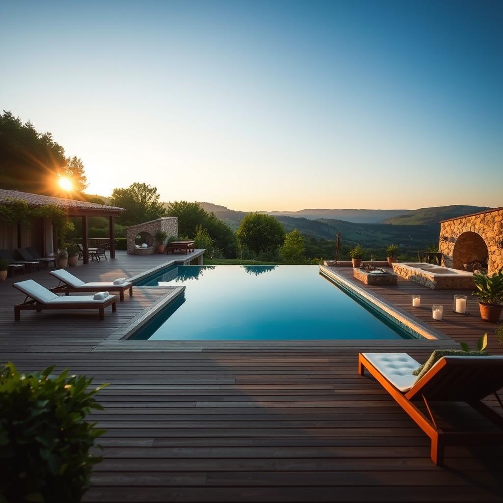 A serene and luxurious wellness retreat nestled in the lush French countryside, featuring a spacious wooden deck with comfortable lounge chairs, surrounded by vibrant greenery. In the foreground, a tranquil infinity pool reflects the soft morning light, casting a gentle glow. The middle ground showcases a warm and inviting spa area, exuding calmness with stone walls, potted plants, and softly flickering candles. In the background, rolling hills and a clear blue sky create a picturesque setting, emphasizing tranquility. The scene is illuminated by soft, golden hour lighting, enhancing the serene atmosphere. Capture the essence of solitude, relaxation, and rejuvenation, inviting viewers to imagine a personalized retreat experience.