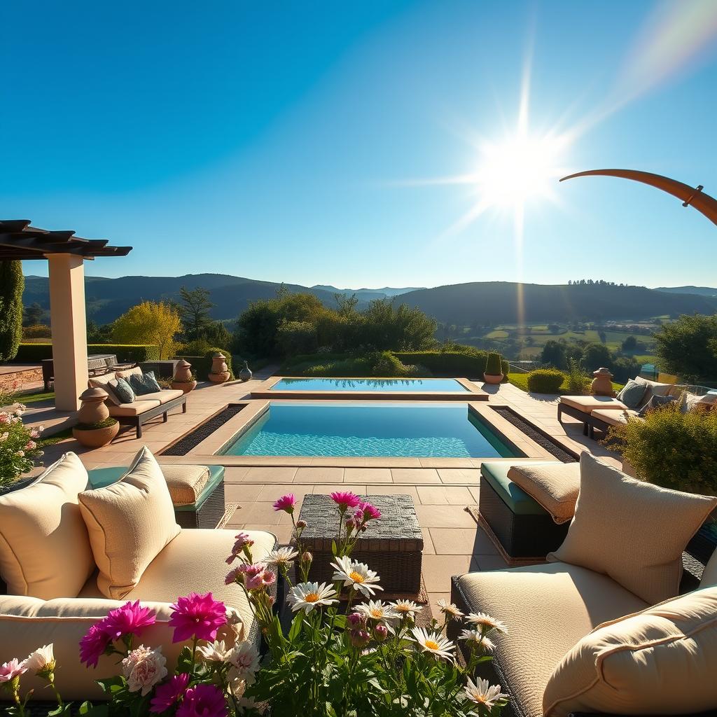 A serene and luxurious wellness retreat set in the picturesque French countryside. In the foreground, a elegantly arranged outdoor area featuring plush seating, soft pillows, and fragrant flowers. In the middle ground, a tranquil infinity pool reflecting the clear blue sky, surrounded by lush greenery and manicured gardens. The background showcases gently rolling hills, enhancing the sense of tranquility. Soft, warm lighting bathes the scene, creating a peaceful atmosphere, ideal for relaxation and rejuvenation. A subtle lens flare adds an inviting touch. Capture the mood of harmony and exclusivity, emphasizing wellness rituals and the importance of etiquette in such serene settings. Ensure the image remains free of text or any identifying markers.