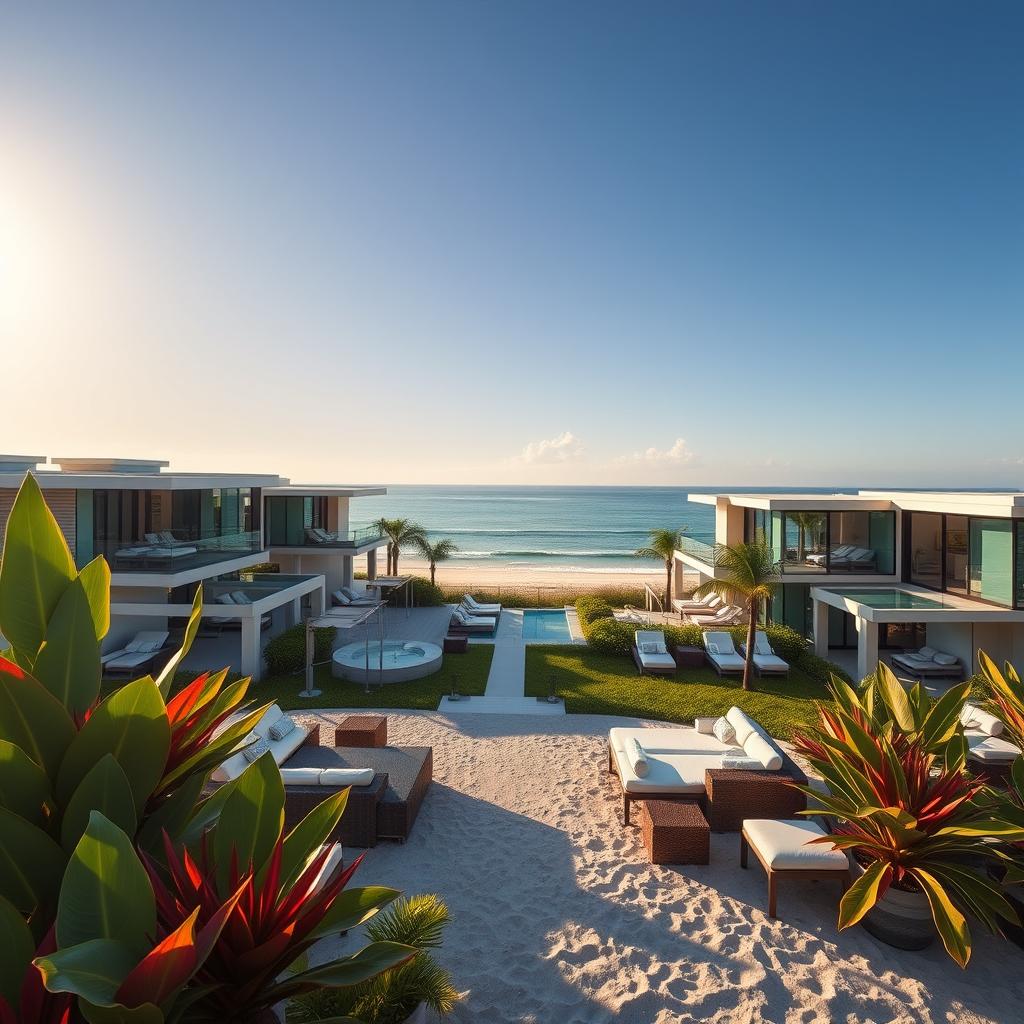 A serene beachfront with luxurious villas, each featuring modern architecture and expansive glass walls that reflect the sunny sky. In the foreground, vibrant tropical plants and elegantly arranged outdoor furniture create an inviting atmosphere. The middle section showcases the stunning villas overlooking the calm sea, with private balconies adorned with stylish lounge chairs. The background reveals a sunlit coastline with gentle waves lapping against the shore, under a clear blue sky dotted with a few soft clouds. The scene is illuminated by warm, golden hour lighting, giving a peaceful and sophisticated ambiance. The image should evoke a sense of tranquility and exclusivity, ideal for those seeking a unique luxury getaway. No people should be present in the image.