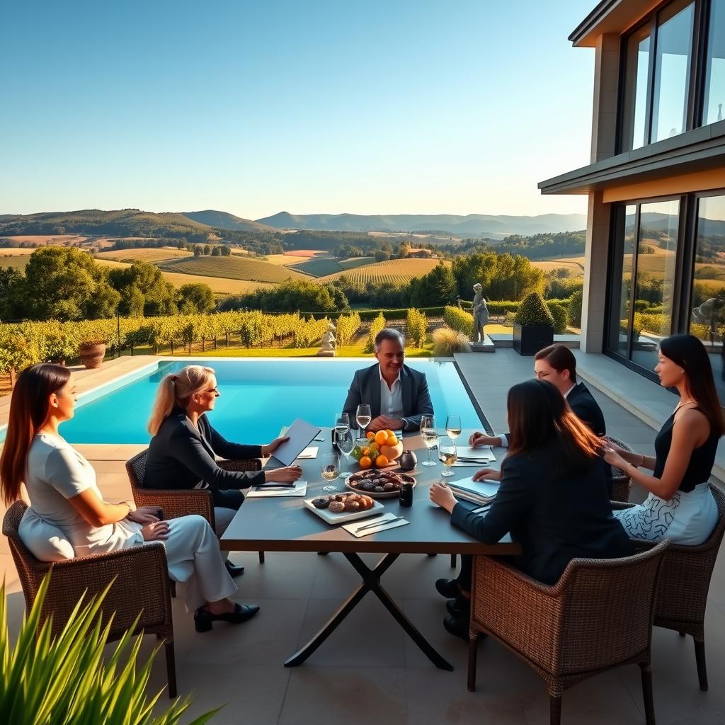 A serene corporate retreat set in a lush French countryside, featuring a beautifully designed modern villa with large glass windows. In the foreground, a group of diverse professionals dressed in smart casual attire engage in a collaborative brainstorming session around a stylish outdoor table adorned with elegant accessories and refreshments. In the middle ground, a tranquil infinity pool reflects the clear blue sky, framed by manicured gardens and a few delicate sculptures that signify luxury. In the background, rolling hills and vineyards stretch out, creating a peaceful and inspiring atmosphere. The lighting is warm and inviting, capturing the golden hour glow, while the angle is slightly elevated to provide an expansive view of the retreat's luxurious setting, promoting a sense of unity and productivity in the workspace.