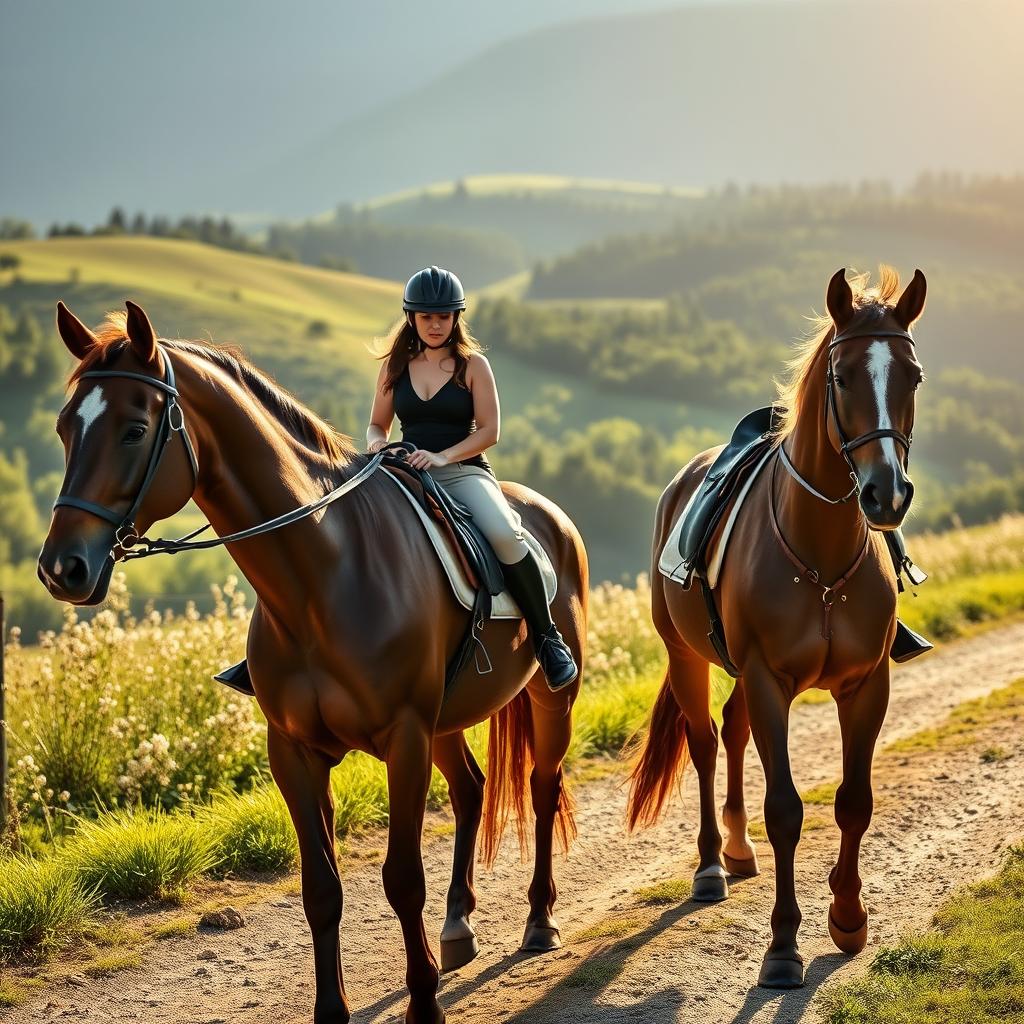 A serene, luxurious horseback riding excursion in the picturesque French countryside. In the foreground, two elegant horses, one a majestic Andalusian and the other a sleek Merens, are outfitted with finely crafted saddles and bridles, showcasing their distinctive features. In the middle ground, a rider in professional riding attire, exuding confidence and poise, gently guides the horses along a sun-drenched path. Behind them, rolling hills dotted with wildflowers and a lush forest create a vibrant backdrop, while a soft golden hour light casts a warm glow, enhancing the tranquil atmosphere. The scene captures the essence of high-end equestrian experiences, focused on the beauty of the horses and the idyllic surroundings.