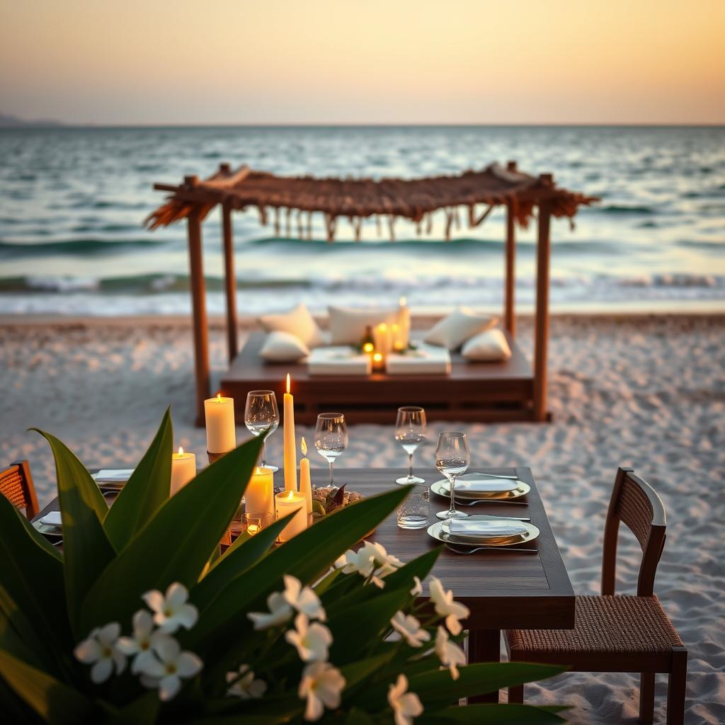 A serene luxury beach retreat scene during golden hour, showcasing a beautifully set dining area on the sand, with a polished wooden table adorned with elegant tableware and flickering candles. In the foreground, lush tropical plants and delicate white flowers add a touch of nature, while in the middle, a cozy seating area with plush cushions invites relaxation. The background features gentle waves lapping against the shore and a clear ocean stretching to the horizon, bathed in warm, soft light. The atmosphere exudes tranquility and indulgence, perfect for a lavish getaway. No people are present, ensuring the focus remains on the luxurious surroundings.