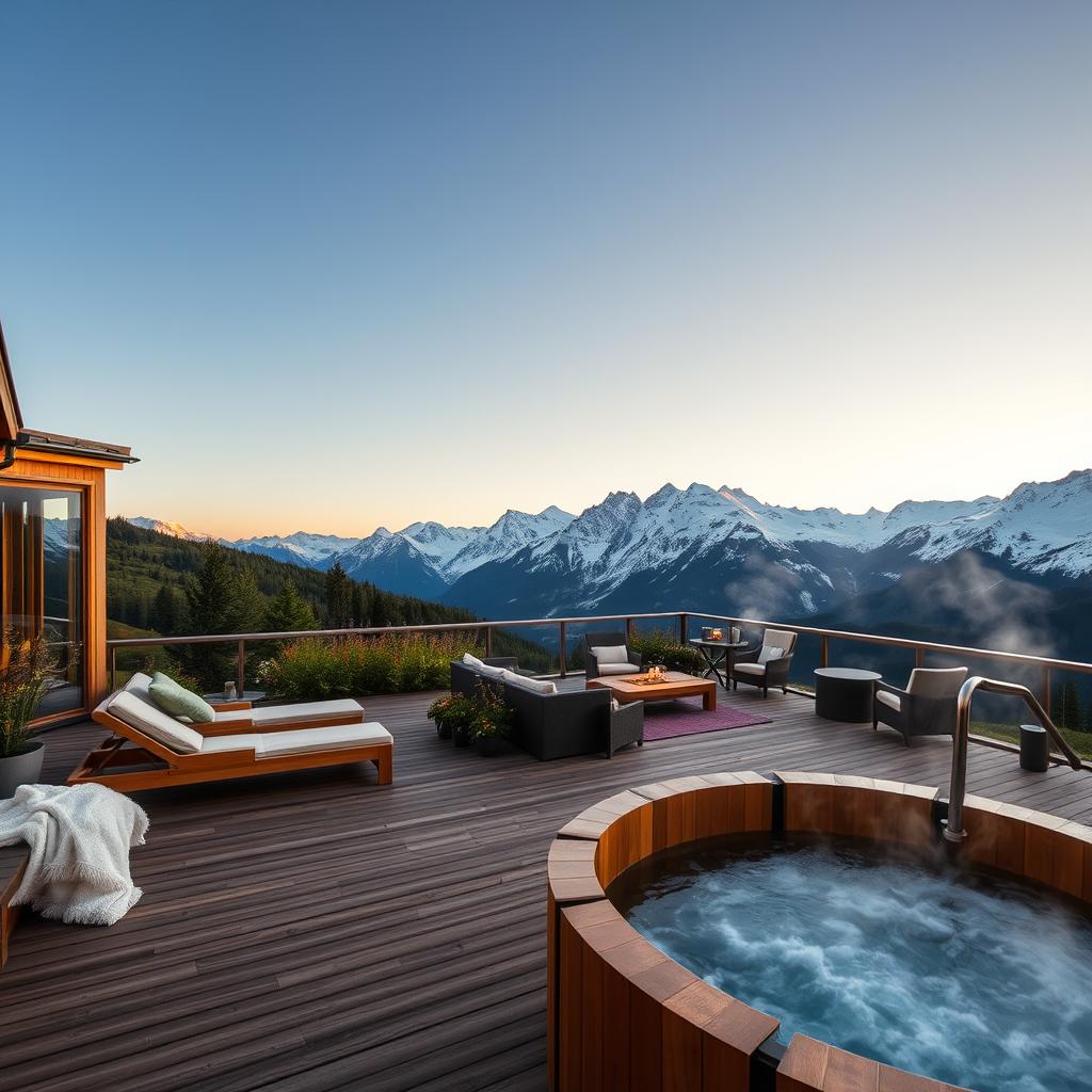 A serene luxury mountain retreat in the French Alps, showcasing a spacious wooden deck with plush outdoor furniture and fluffy blankets. In the foreground, a modern wooden hot tub with steam rising, surrounded by lush greenery and colorful wildflowers. The middle ground features a cozy, elegantly decorated lounge area with soft lighting and a fire pit, inviting relaxation and warmth. Majestic snow-capped peaks rise in the background under a clear blue sky during golden hour, giving a warm glow to the scene. The mood is tranquil and opulent, with a sense of peace and well-being, ideal for a luxurious escape. Use a wide-angle lens to encompass the stunning landscape, capturing the beauty of nature alongside the comforts of the retreat environment.