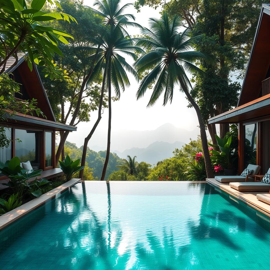 A serene luxury rainforest retreat nestled among lush greenery, featuring elegant wooden villas with large glass windows that blend harmoniously with nature. In the foreground, a pristine infinity pool reflects the vibrant foliage surrounding it, and a cozy outdoor seating area with plush cushions invites relaxation. The middle ground showcases palm trees and colorful tropical flowers, enhancing the exotic ambiance. In the background, distant mountains shrouded in mist create a mystical atmosphere. Soft, diffused sunlight filters through the canopy, casting gentle shadows on the ground. The mood is tranquil and inviting, ideal for a high-end escape in nature's embrace. Emphasize the luxurious yet natural design elements to convey ultimate relaxation and rejuvenation.