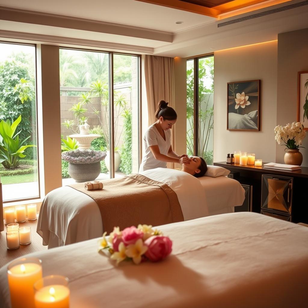 A serene luxury spa retreat showcases therapeutic treatments in an opulent environment. In the foreground, a tranquil massage room with soft, ambient lighting and scented candles, featuring a plush massage table adorned with fresh flowers. In the middle ground, a skilled therapist in professional attire is gently applying techniques to a client receiving a luxurious facial. The background reveals large windows with views of a lush garden, creating a connection to nature, while the walls are decorated with calming art. Soft, natural light filters in, enhancing the peaceful atmosphere, evoking relaxation and rejuvenation. The overall mood is one of tranquility and indulgence, embodying the essence of high-end wellness escapades.