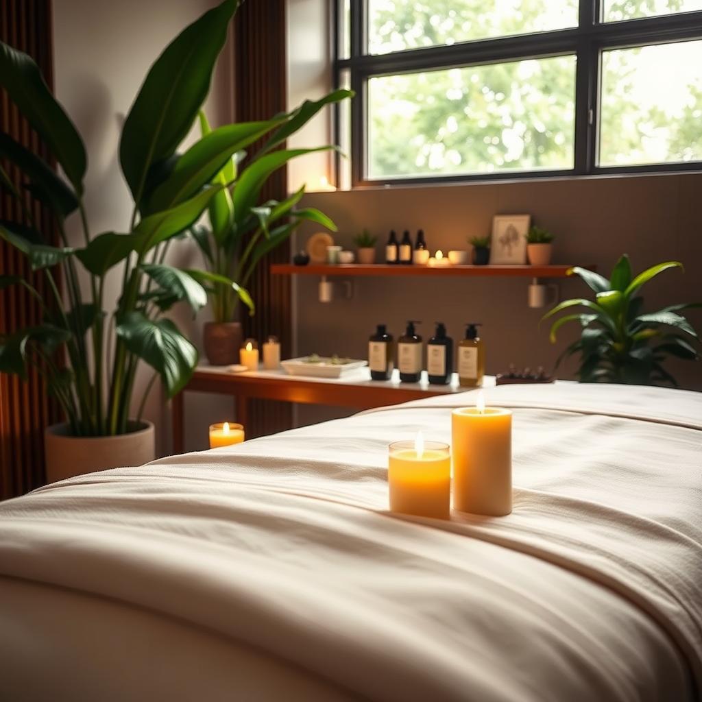 A serene luxury spa setting emphasizing premium relaxation massages for men. In the foreground, a comfortable massage table draped with soft white linens, with elegant, aromatic candles flickering softly beside it. The middle ground features a neatly arranged spa area, showcasing high-end oils and soothing herbal teas on a polished wooden shelf. In the background, lush green plants add an organic touch, with a large window allowing gentle natural light to flood the space, casting a warm, inviting glow. The scene conveys a tranquil atmosphere, inviting relaxation and rejuvenation, ideal for discerning clients seeking exclusive spa experiences. The overall composition is shot from a low angle, enhancing the immersive ambiance while ensuring all elements appear tidy and luxurious.