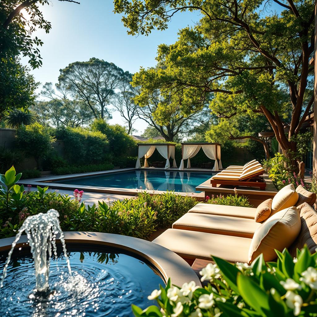 A serene luxury spa setting nestled in a lush, vibrant garden, showcasing a tranquil outdoor relaxation area. In the foreground, a beautifully arranged lounge area features plush, comfortable sunbeds with soft cushions, surrounded by gently flowing water from an elegant fountain. Lush green plants and delicate flowers create a lush backdrop, enhancing the sense of tranquility. In the middle ground, a serene infinity pool reflects the blue sky, with a few stylishly draped cabanas adding to the opulence. The background is a canopy of trees, letting in soft, dappled sunlight, creating a warm, inviting atmosphere. Shot at a slight angle, this image conveys a sense of peace and indulgence, perfect for illustrating a luxurious spa experience. The lighting is soft and golden, evoking a calm and relaxing ambiance.