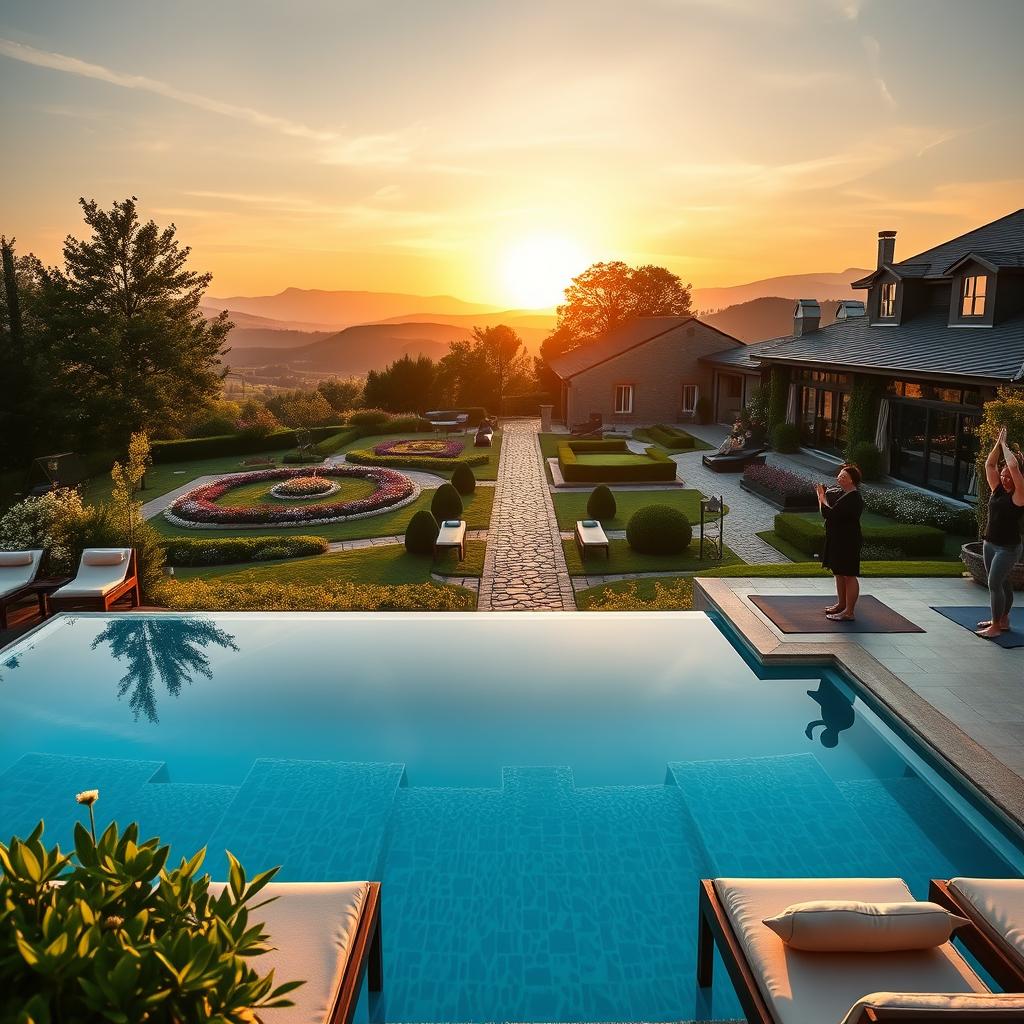 A serene luxury wellness resort in the heart of the French countryside during golden hour lighting. The foreground features an elegant infinity pool with crystal-clear water reflecting the vibrant sky, surrounded by lush greenery and tasteful lounge chairs with soft cushions. In the middle ground, a beautifully landscaped garden with blooming flowers, carefully arranged pathways, and a charming stone pathway leading to a spa building with large windows. In the background, gentle rolling hills and a sunset casting warm light over the scene, creating a tranquil atmosphere. The mood is peaceful and rejuvenating, suggesting a perfect escape for relaxation and wellness. Include a few individuals dressed in modest casual clothing, enjoying the ambiance, engaged in mindfulness practices or gentle yoga on mats. Emphasize harmony and luxury throughout.