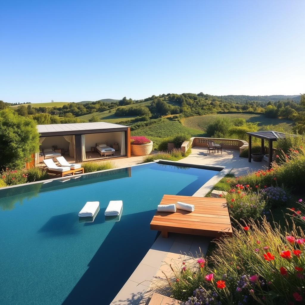 A serene luxury wellness resort nestled in the picturesque hills of France, surrounded by lush greenery and vibrant wildflowers. In the foreground, a tranquil infinity pool reflects the clear blue sky, with a small wooden deck adorned with elegant lounge chairs and plush towels. The middle ground features a modern spa building with large glass windows, showcasing serene treatment rooms filled with natural light. In the background, rolling hills dotted with Mediterranean trees stretch into the horizon. Soft, warm sunlight bathes the scene, evoking a peaceful and rejuvenating atmosphere. An inviting pathway leads to a charming terrace with comfortable seating, perfect for meditation and relaxation. Shot with a wide-angle lens to capture the expansive scenery and enhance the sense of tranquility.