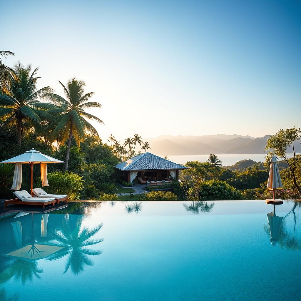 A serene luxury wellness retreat set in a breathtaking tropical location. In the foreground, a tranquil infinity pool reflects the gentle sunlight, with plush sunbeds and elegant white umbrellas creating a relaxing atmosphere. The middle ground showcases a stylish spa building surrounded by lush greenery, with soft bamboo and fragrant flowers accentuating the natural beauty. In the background, gentle rolling hills and distant mountains create a picturesque backdrop under a clear blue sky. The scene is illuminated by warm, golden hues of late afternoon light, providing a calming and inviting ambiance. Capture a soothing, tranquil mood that embodies relaxation and luxurious escape, evoking feelings of peace and well-being.