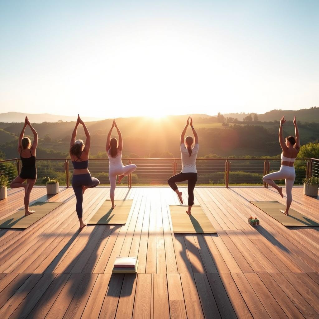 A serene luxury yoga retreat in the French countryside, featuring an expansive outdoor yoga deck overlooking lush green hills at sunrise. In the foreground, a diverse group of four individuals, dressed in professional yet comfortable yoga attire, gracefully practicing yoga poses. In the middle ground, elegant wooden platforms with soft mats and decorative plants create an inviting atmosphere. The background showcases a picturesque landscape with rolling hills, gentle sunlight filtering through the trees, and a clear blue sky, enhancing a tranquil yet vibrant feel. Soft, warm lighting bathes the scene, evoking a sense of peace and relaxation, perfect for a luxury wellness experience.