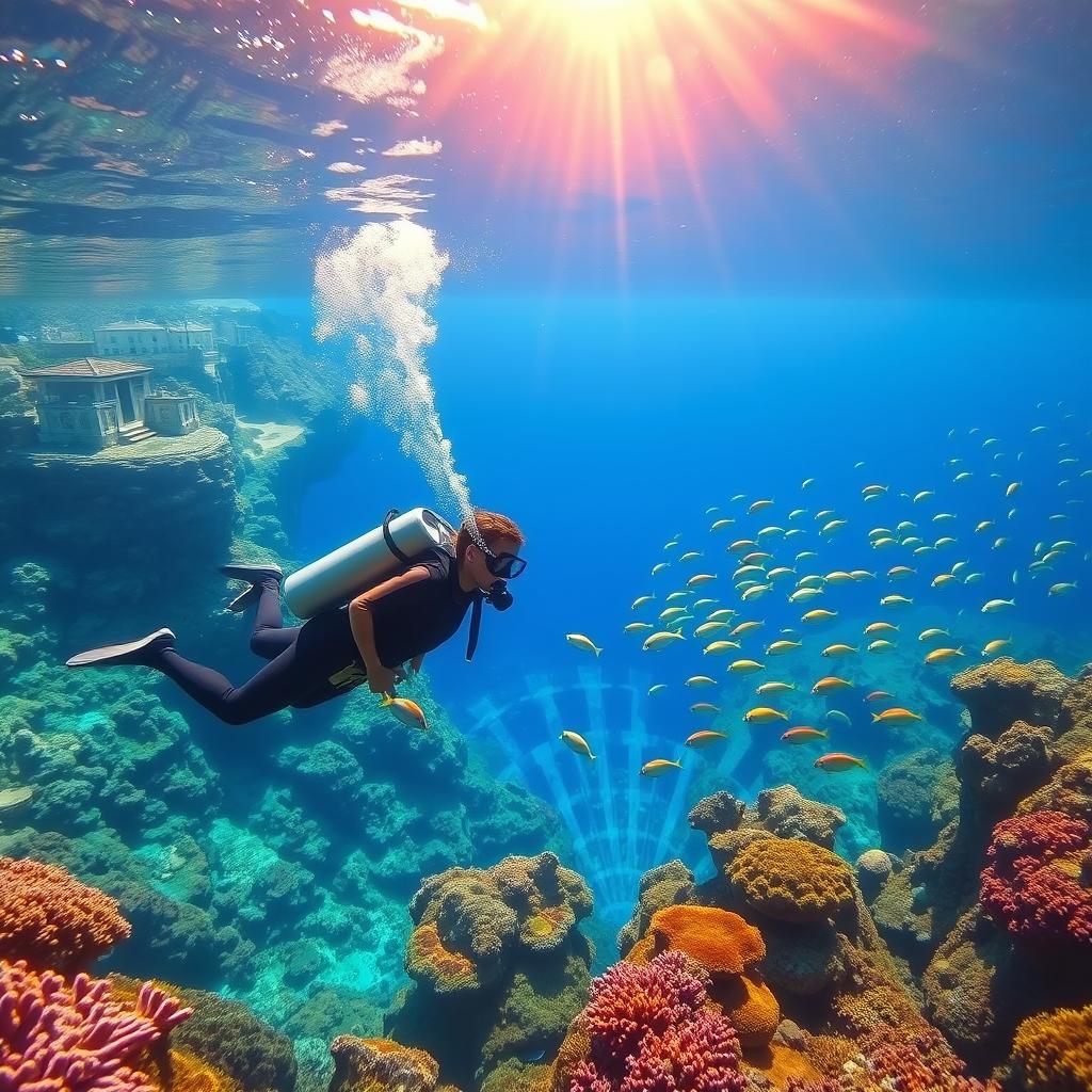A serene underwater scene capturing a luxurious diving experience in Bandol, France. In the foreground, a diver in a sleek, modern wetsuit explores vibrant coral reefs adorned with colorful marine life, highlighting the thrill of high-end diving. The middle ground features a crystal-clear expanse of shimmering blue water, filled with schools of tropical fish swimming gracefully around the diver. The background showcases the rugged coastline of Bandol, with sun-drenched cliffs and picturesque villas, bathed in warm, golden light streaming from the surface. The overall atmosphere is tranquil yet exhilarating, embodying the beauty and elegance of luxury underwater adventures. The image should be shot from a slightly elevated angle to capture both the diver and the breathtaking underwater landscape.