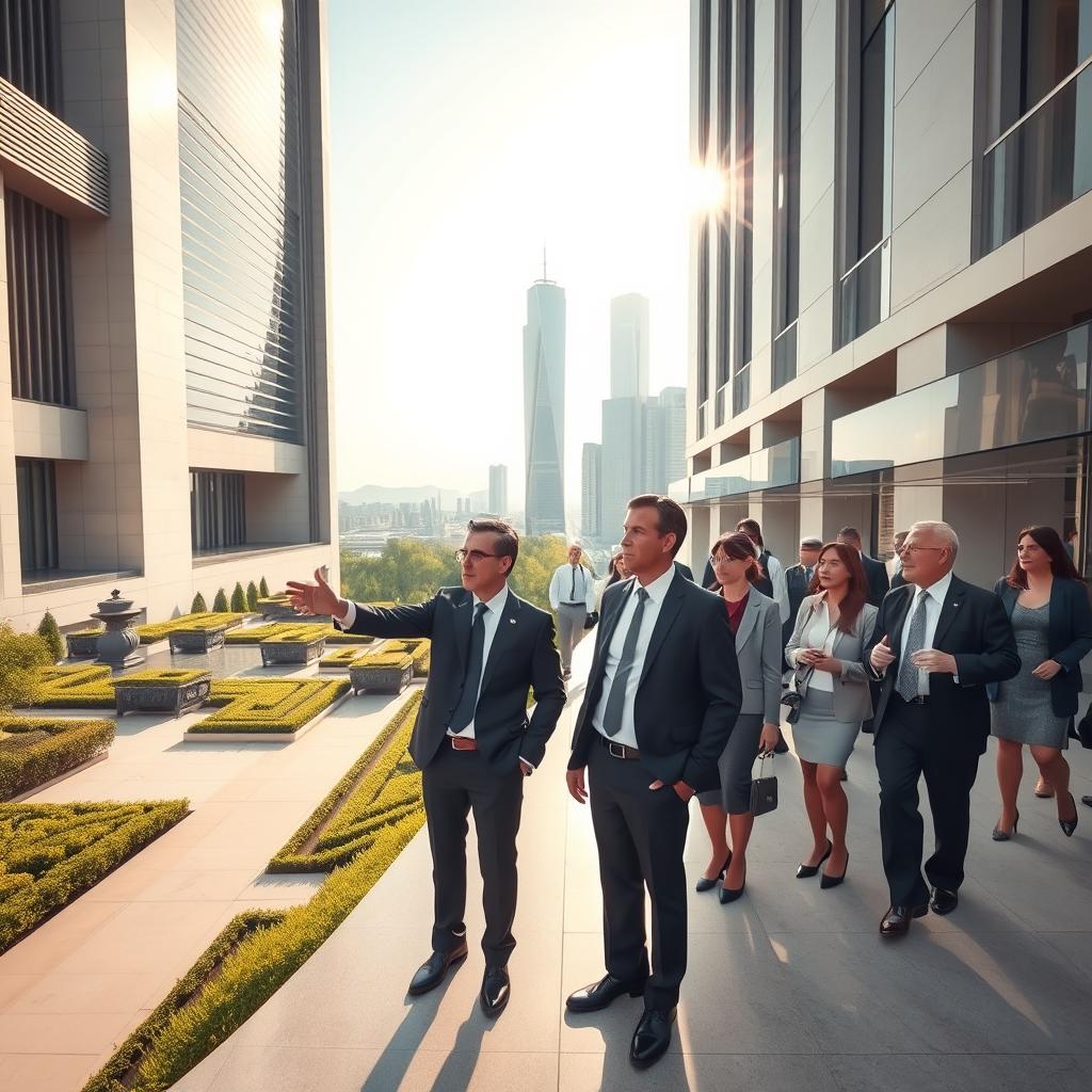 A sophisticated architecture tour scene showcasing a luxury building with sleek lines and elegant design, featuring a group of well-dressed tourists in professional attire, marveling at the details of the architecture. In the foreground, a stylish guide gestures towards intricate elements of the facade, with a beautiful cityscape reflecting a sunny day in the background. The middle ground includes lush greenery and well-maintained walkways that lead up to the architectural marvel, while soft, warm lighting adds a golden hue, enhancing the luxurious atmosphere. A wide-angle shot captures the grandeur of the building and the excitement of the visitors, immersing the viewer in a poised and refined architectural journey.