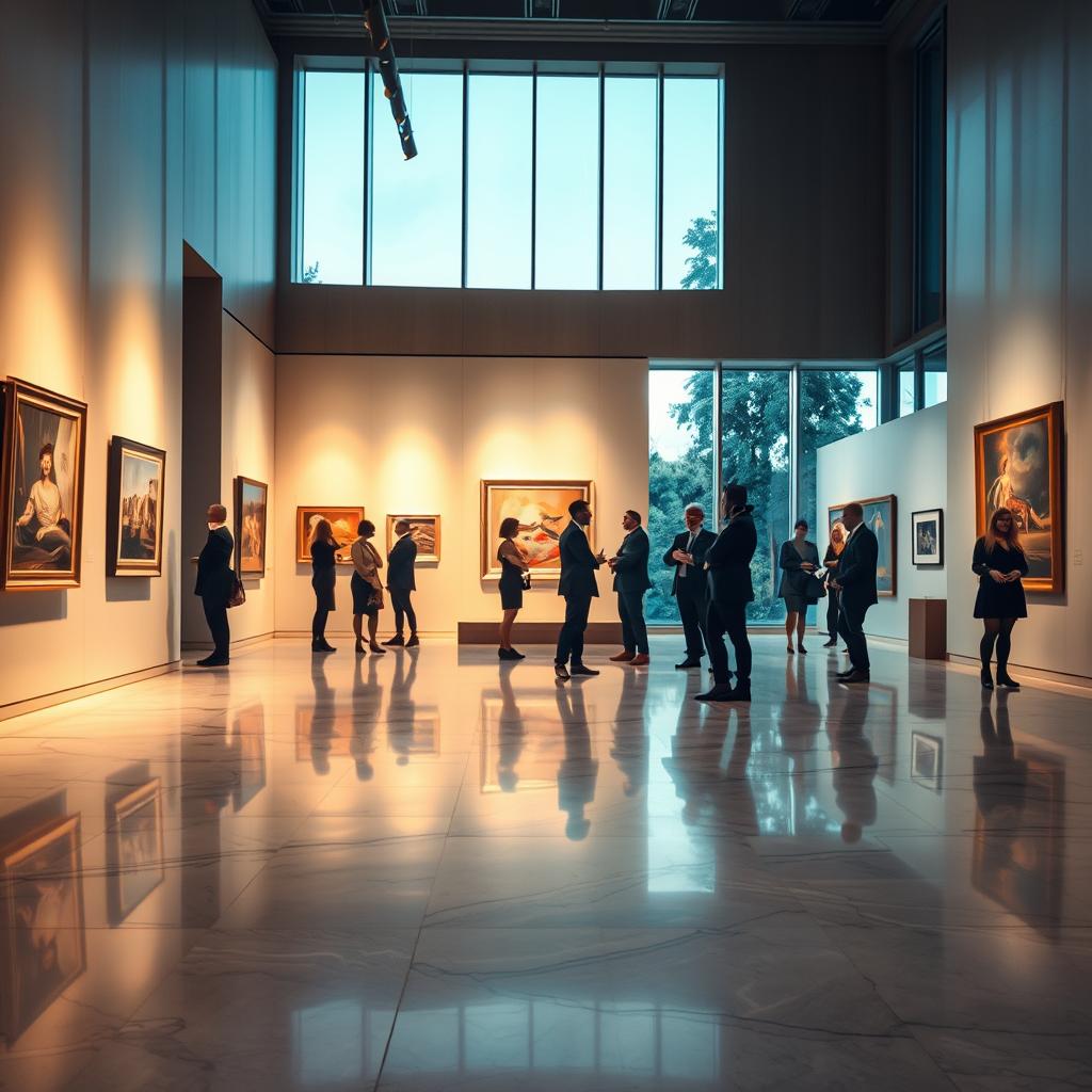 A sophisticated high-end art exhibition space featuring elegantly displayed contemporary art pieces. In the foreground, a sleek, polished marble floor reflects soft ambient lighting, casting a warm glow on the walls adorned with striking artworks. In the middle, art enthusiasts in professional business attire engage in discussions about the pieces, their expressions reflecting admiration and contemplation. The background includes tall, pristine windows allowing natural light to illuminate the gallery, providing a glimpse of the lush outdoor landscape. The atmosphere is refined and inspiring, with an emphasis on luxury and culture, creating an intimate yet dynamic setting perfect for appreciating art. The composition should be captured from a slightly elevated angle to showcase the depth and elegance of the exhibition.