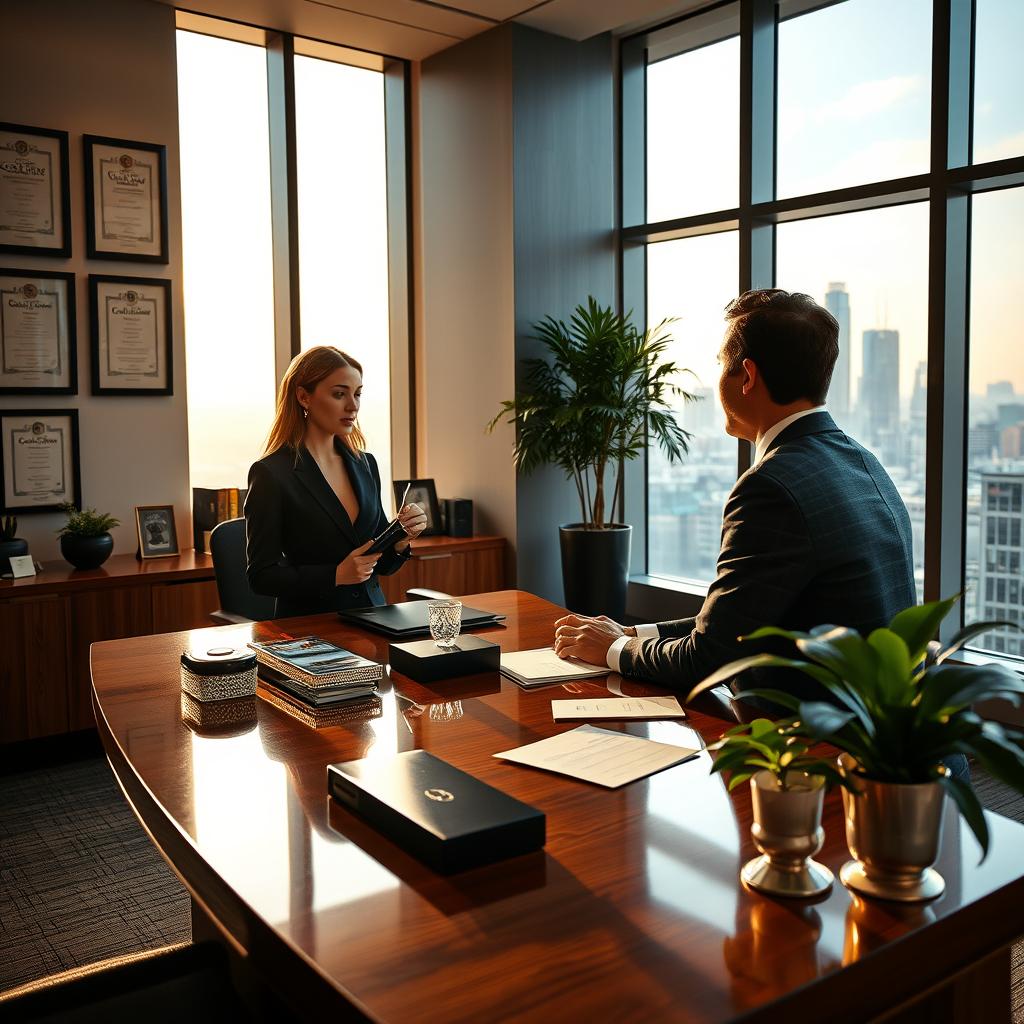 A sophisticated private concierge service setting, featuring a stylish and professional concierge in a refined office environment. In the foreground, the concierge, a woman in elegant business attire, is attentively discussing with a client at a sleek wooden desk adorned with luxury accessories. The middle ground includes tasteful decor, such as framed certificates of excellence and lush potted plants, conveying professionalism and trust. In the background, large windows reveal a city skyline, bathed in warm evening light that casts gentle shadows, creating a welcoming and serene atmosphere. The overall mood is one of exclusivity, trustworthiness, and elegance, emphasizing the ethical and responsible nature of concierge services.