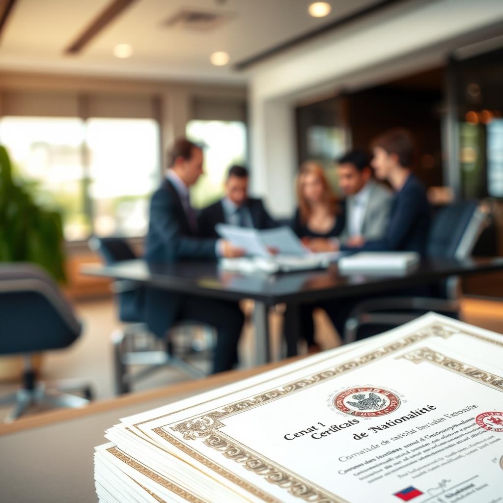 A stack of colorful "certificats de nationalité" displayed prominently in the foreground, showcasing intricate designs and official stamps. The certificates have an elegant layout, featuring ornate borders and subtle watermarks, with field space left intentionally blank to avoid any text. In the middle ground, a soft-focus image of a diverse group of professionals in business attire, discussing important documents at a desk, symbolizing the significance of nationality. The background includes a blurred office interior with warm lighting, exuding a calm and serious atmosphere. The composition is shot at a slight angle to enhance depth, with natural light streaming in, creating a welcoming environment. The overall mood conveys professionalism and importance, perfectly aligning with the themes of identity and nationality. A stack of colorful "certificats de nationalité" displayed prominently in the foreground, showcasing intricate designs and official stamps. The certificates have an elegant layout, featuring ornate borders and subtle watermarks, with field space left intentionally blank to avoid any text. In the middle ground, a soft-focus image of a diverse group of professionals in business attire, discussing important documents at a desk, symbolizing the significance of nationality. The background includes a blurred office interior with warm lighting, exuding a calm and serious atmosphere. The composition is shot at a slight angle to enhance depth, with natural light streaming in, creating a welcoming environment. The overall mood conveys professionalism and importance, perfectly aligning with the themes of identity and nationality.