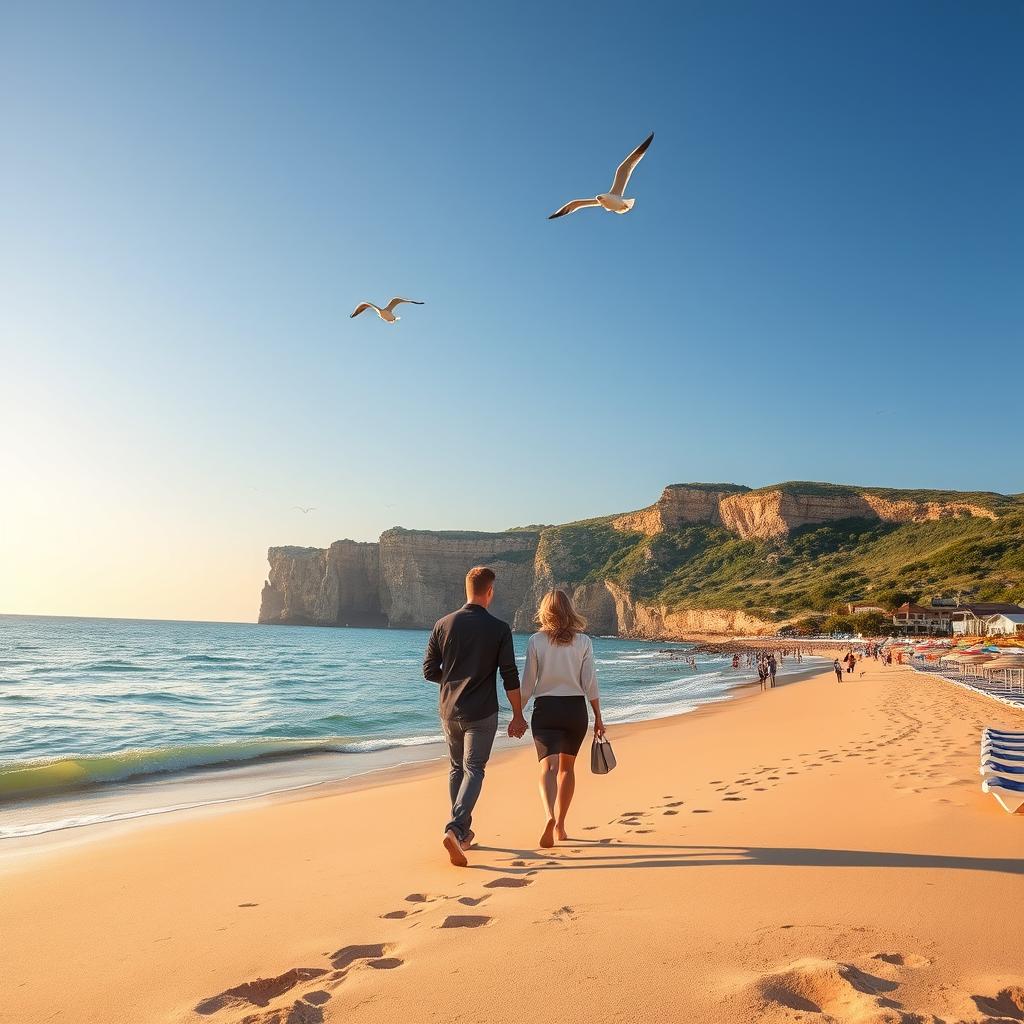 A stunning coastal getaway in Nouvelle-Aquitaine, featuring a picturesque beach scene with soft golden sands and crystal-clear turquoise waters. In the foreground, a couple in smart casual attire strolls hand-in-hand along the shore, their footprints trailing behind them. The middle ground showcases a vibrant collection of colorful beach umbrellas and sun loungers, inviting relaxation. In the background, dramatic cliffs rise majestically above the coastline, dotted with lush green vegetation and a few seagulls soaring gracefully in the clear blue sky. The sun is setting, casting warm golden hues across the scene, creating a tranquil and inviting atmosphere. The angle is slightly elevated, providing a sweeping view of the coastline, capturing both the beauty of nature and the romantic essence of a coastal escape.