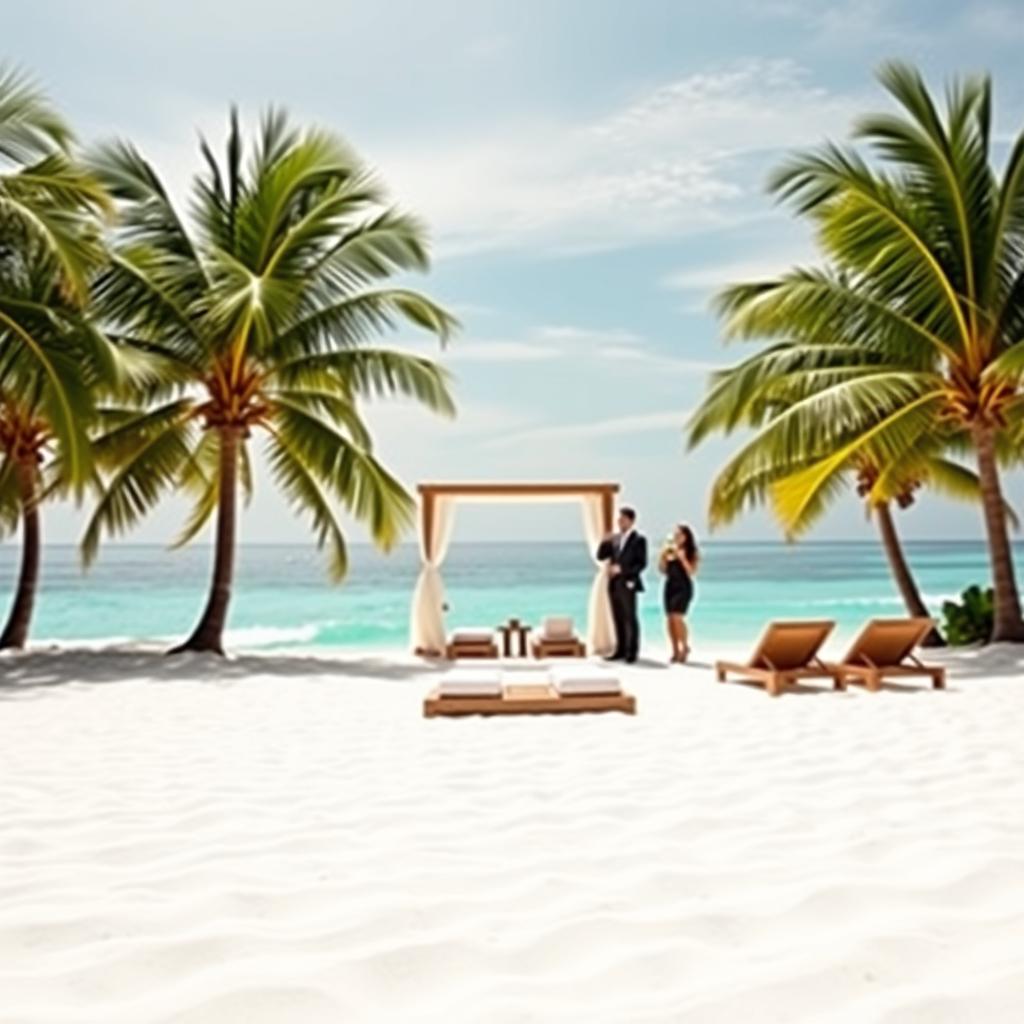 A stunning display of luxury vacation packages set on a tropical beach, with a pristine white sand shoreline in the foreground. In the middle, elegantly arranged beach loungers with plush towels, accompanied by a small, shaded cabana featuring exquisite décor. Nearby, a couple wearing professional business attire enjoys tropical drinks, exuding a sense of refined relaxation. The background showcases a crystal-clear ocean under a bright blue sky, with gentle waves lapping at the shore. Lush palm trees frame the scene, creating a serene atmosphere. Use soft, warm lighting to enhance the inviting feel, and employ a wide-angle lens to capture the expansive beauty of this idyllic getaway. The mood should be luxurious and tranquil, evoking a sense of escape to a high-end vacation destination.