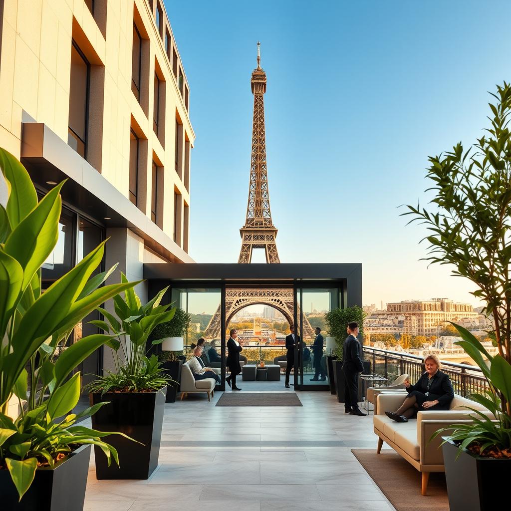 A stunning eco-friendly luxury hotel in Paris, showcasing modern architecture blended with nature. In the foreground, lush green plants in elegant planters flank a sleek entrance with large glass doors. The middle ground features a stylish lounge area with comfortable seating made from sustainable materials, and guests in professional business attire enjoying the serene ambiance. In the background, the iconic Paris skyline with the Eiffel Tower glimmers beneath a clear blue sky, bathed in warm, golden sunlight. The scene conveys tranquility and sophistication, highlighting the harmony between luxury and environmental sustainability. The image should have a slight depth of field, bringing focus to the hotel while the sky and cityscape provide a beautiful backdrop.