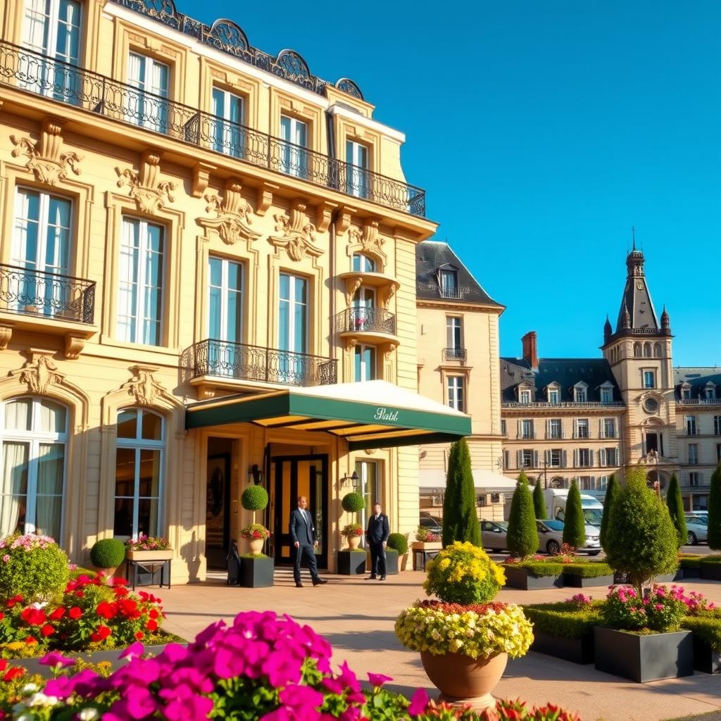A stunning exterior view of a luxury hotel in France, featuring elegant architecture with large windows and ornate balconies. In the foreground, manicured gardens with vibrant flowers and carefully arranged outdoor seating. The middle ground showcases the hotel entrance, adorned with a grand awning and welcoming staff in professional attire. In the background, iconic French architecture and a clear blue sky, providing a serene atmosphere. Soft, warm lighting enhances the elegance, suggesting a late afternoon time frame. The scene should evoke a sense of exclusivity and refinement, perfect for highlighting luxury accommodations. No people should be visible in casual or inappropriate attire; instead, focus on the opulence of the setting.