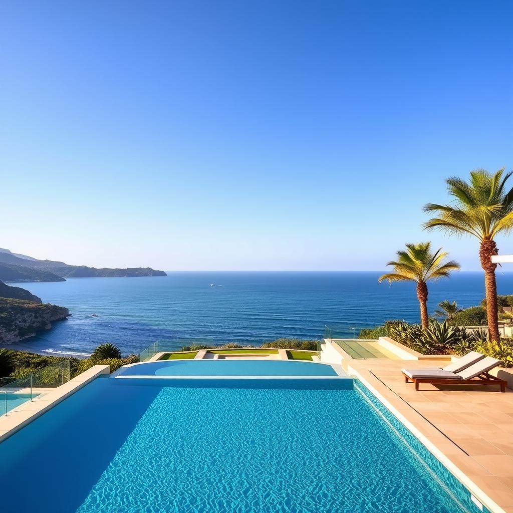 A stunning high-end sports villa located by a serene coastline, set against a backdrop of lush green hills and a clear blue sky. In the foreground, a private infinity pool reflects sunlight, while modern loungers invite relaxation. The middle ground features elegantly landscaped gardens with tropical plants and palm trees swaying gently in the sea breeze. In the background, the azure ocean displays gentle waves, hinting at exciting water sports activities. The scene is illuminated by warm golden hour lighting, creating a tranquil yet luxurious atmosphere. Capture the essence of wellness and relaxation, evoking an upscale retreat for wellness and nautical sports enthusiasts, with no human figures present, to emphasize the lavish surroundings.