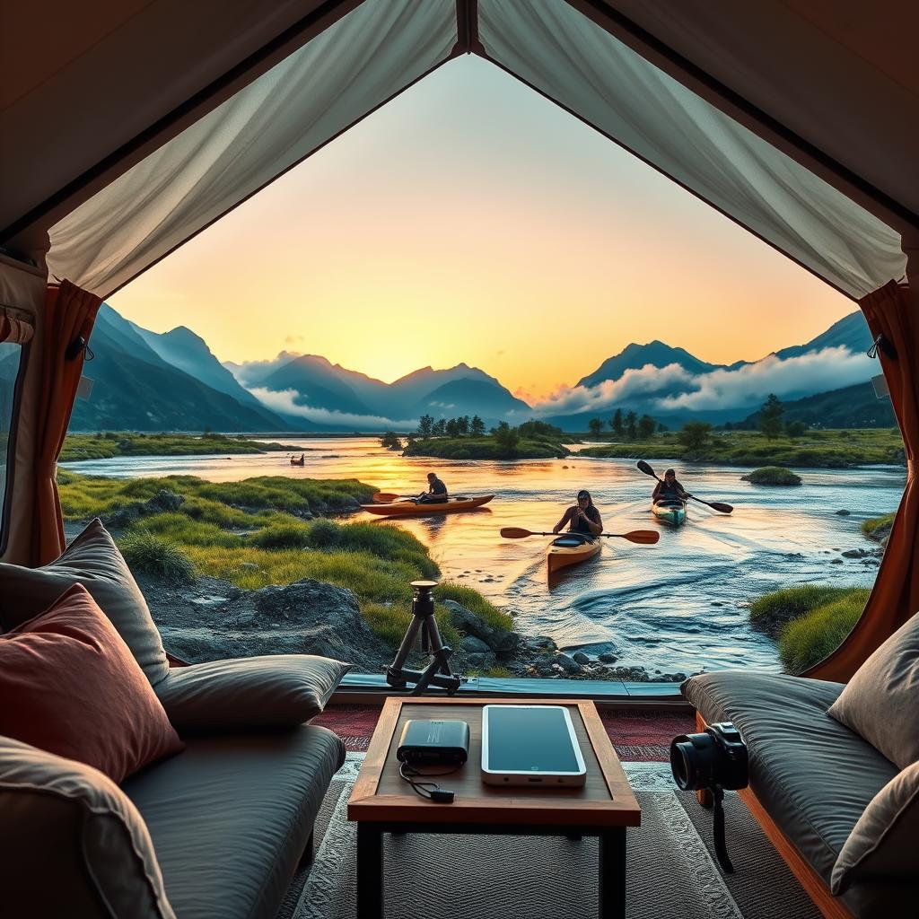A stunning luxury adventure scene depicting a high-tech glamping setup in a lush, mountainous landscape. In the foreground, a sleek, modern tent with panoramic windows offers a comfortable seating area adorned with plush cushions and elegant decor. On a small wooden table, state-of-the-art gadgets like a portable solar charger and a high-end camera are subtly placed, showcasing the integration of technology in luxury travel. In the middle ground, a clear, flowing river reflects the vibrant colors of sunset, while adventurers in stylish, modest outdoor attire engage in kayaking. The background features majestic mountains, partially shrouded in mist, under a gradient sky transitioning from orange to deep blue. Soft, diffused lighting creates a serene, upscale atmosphere, inviting the viewer to experience the perfect blend of adventure and luxury.