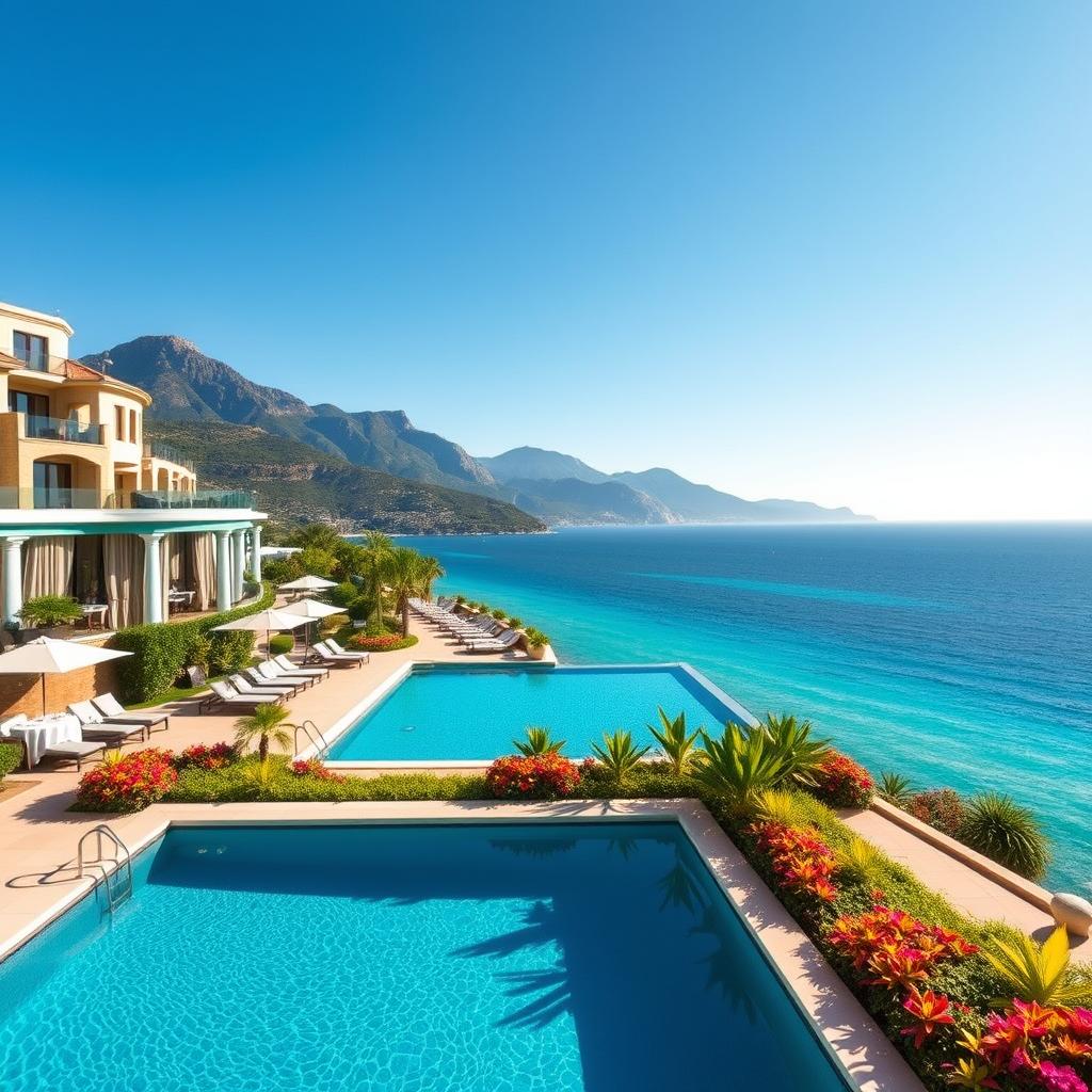 A stunning luxury all-inclusive resort on the Côte d'Azur, set against the backdrop of a clear blue sky and turquoise waters. In the foreground, beautifully landscaped gardens with vibrant tropical flowers lead to an elegant infinity pool, where guests relax on stylish loungers, dressed in modest summer attire. The middle ground features tastefully designed resort buildings with polished stone facades and large glass windows, offering a glimpse of fine dining terraces adorned with white tablecloths and gourmet settings. In the background, majestic mountains rise gently, contrasting with the serene sea. The scene is bathed in warm, golden sunlight, enhancing the inviting atmosphere of opulence and tranquility, creating a perfect getaway vibe.